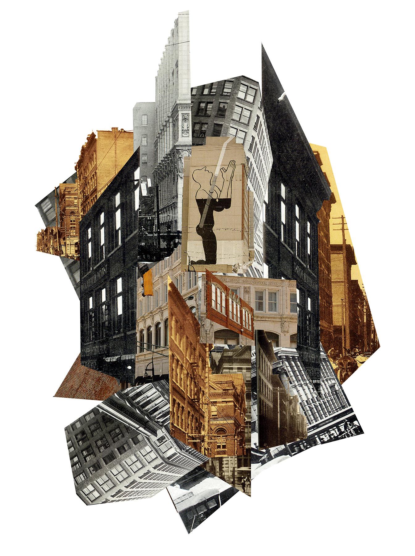 L'œuvre d'art utilise le collage pour fusionner les caractéristiques ornementales de l'architecture traditionnelle avec une géométrie moderniste austère. Cette dualité au sein de la pièce souligne le voyage de la ville à travers le temps,