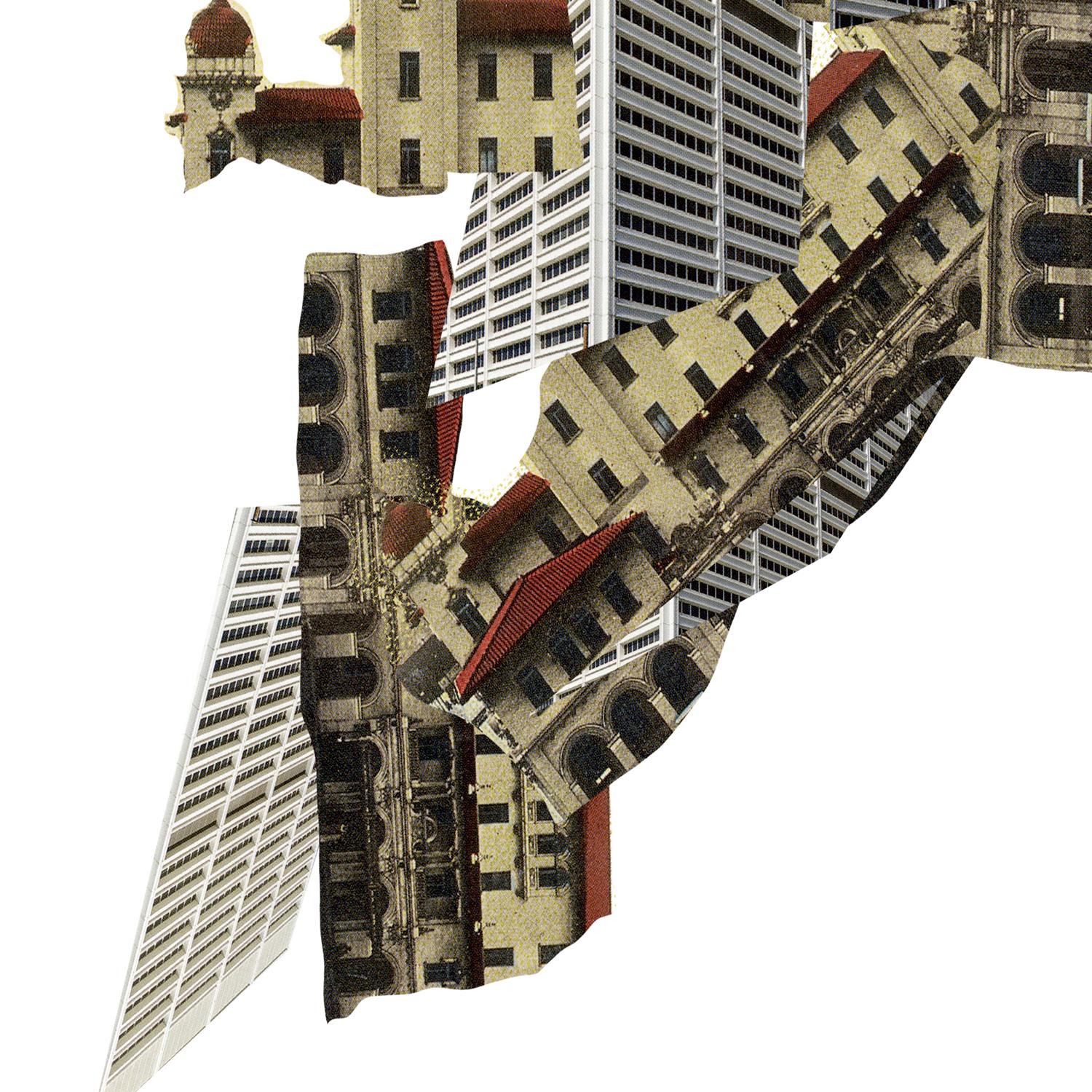 Serie Lost in transition: L'opera d'arte utilizza il collage per fondere le caratteristiche ornamentali dell'architettura tradizionale con la geometria modernista. Questa dualità all'interno dell'opera evidenzia il viaggio della città nel tempo,