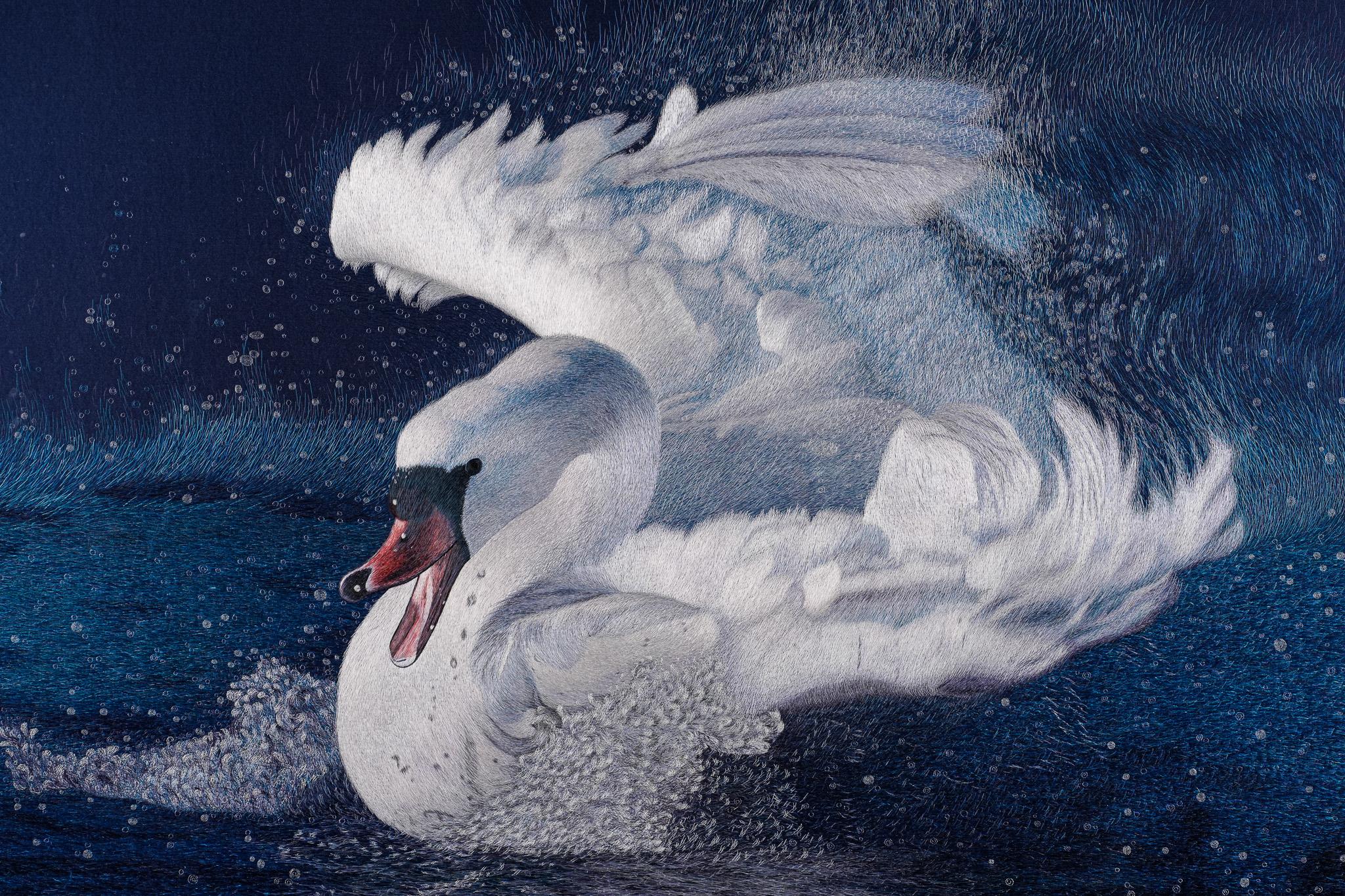 Swan Lake, Chinese Silk Embroidery Painting - Photorealist Mixed Media Art by Ying Hua Zhou