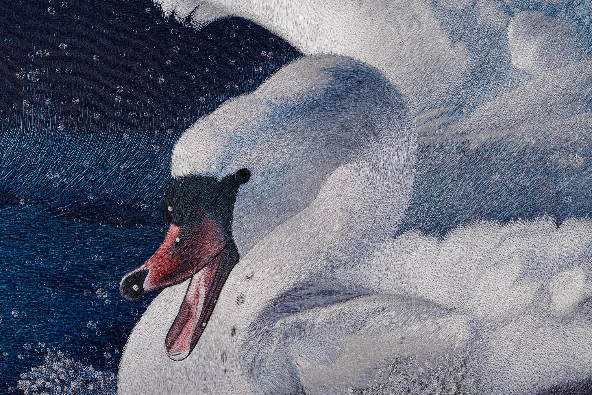 Yinghua Zhou’s Swan Lake captures the graceful moment of a swan splashing across the water with extraordinary skill in Suzhou Embroidery. Recognized as one of China’s four great embroidery traditions, Suzhou Embroidery is admired for its flat, neat,
