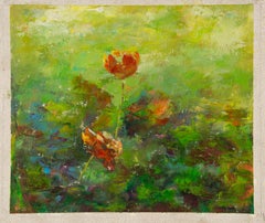 Ying Wang Óleo Floral Original Sobre Lienzo "Flor Roja"