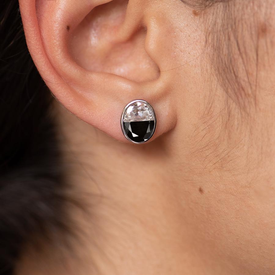 Half Moon Cut Ying Yang Studs - Black Sapphire & White Moissanite, 10kt Gold, Tension setting For Sale