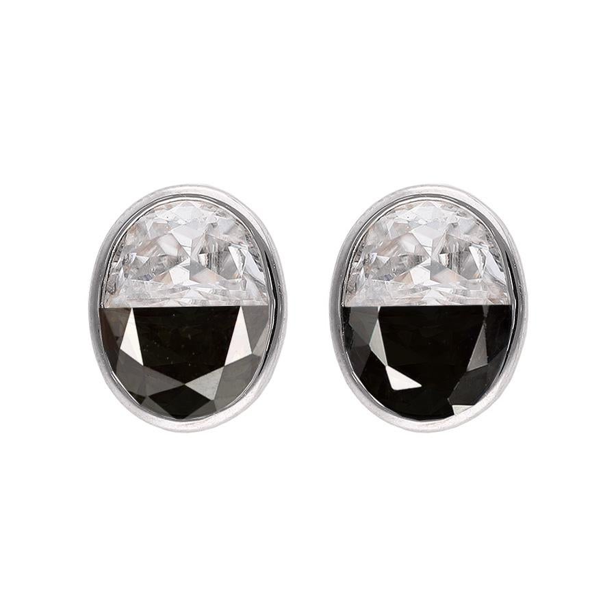 Art Deco Ying Yang Studs - Black Sapphire & White Moissanite, Silver, Tension setting For Sale