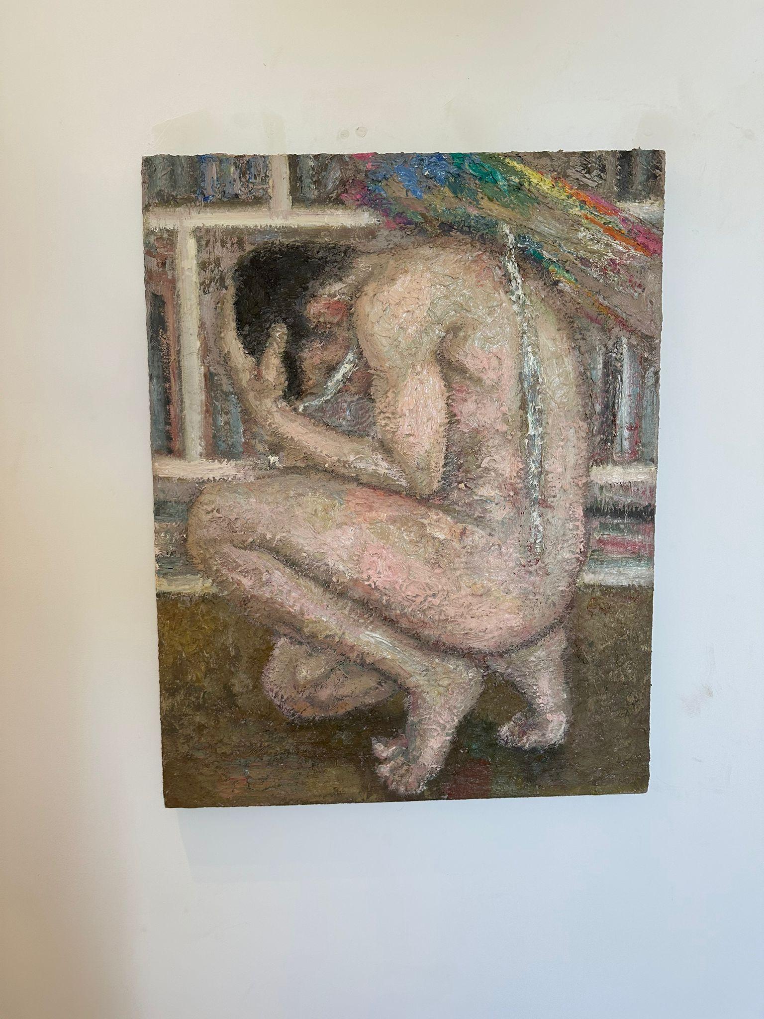 At the library (Oil Painting) - Brown Nude Painting by Yisrael Dror Hemed