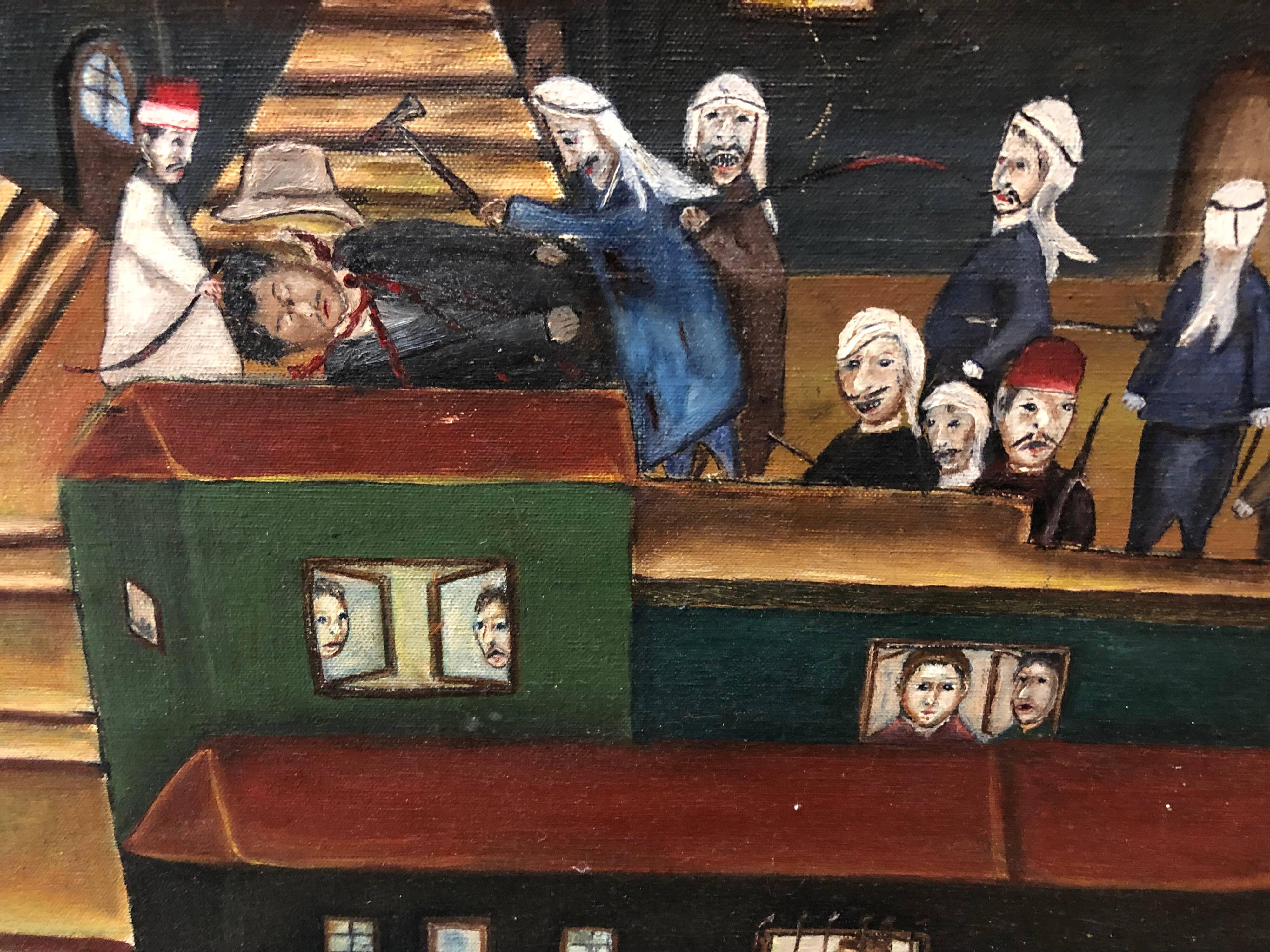 Peinture à l'huile d'art populaire israélien - Massacre arabe - Restauration  - Marron Still-Life Painting par Yitzchak Roman