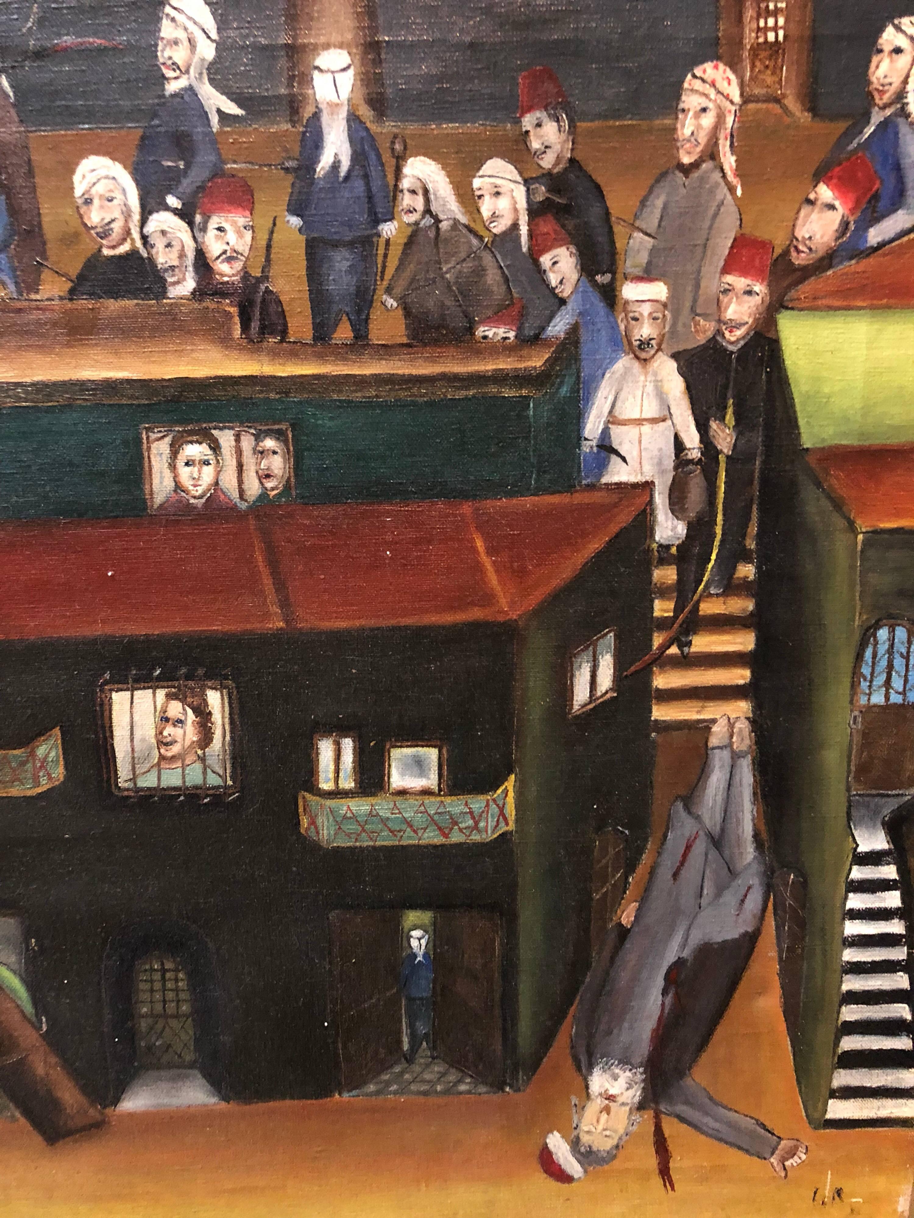Israeli Folk Art Oil Painting Arab Pogrom Massacre Disturbing  For Sale 2