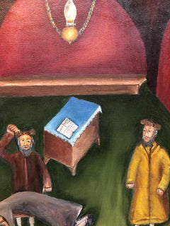Israeli Judaica Folk Art Oil Synagogue Interior Malkos Lashes Erev Yom kippur
