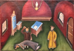 Israeli Judaica Folk Art Oil Synagogue Interior Malkos Lashes Erev Yom kippur