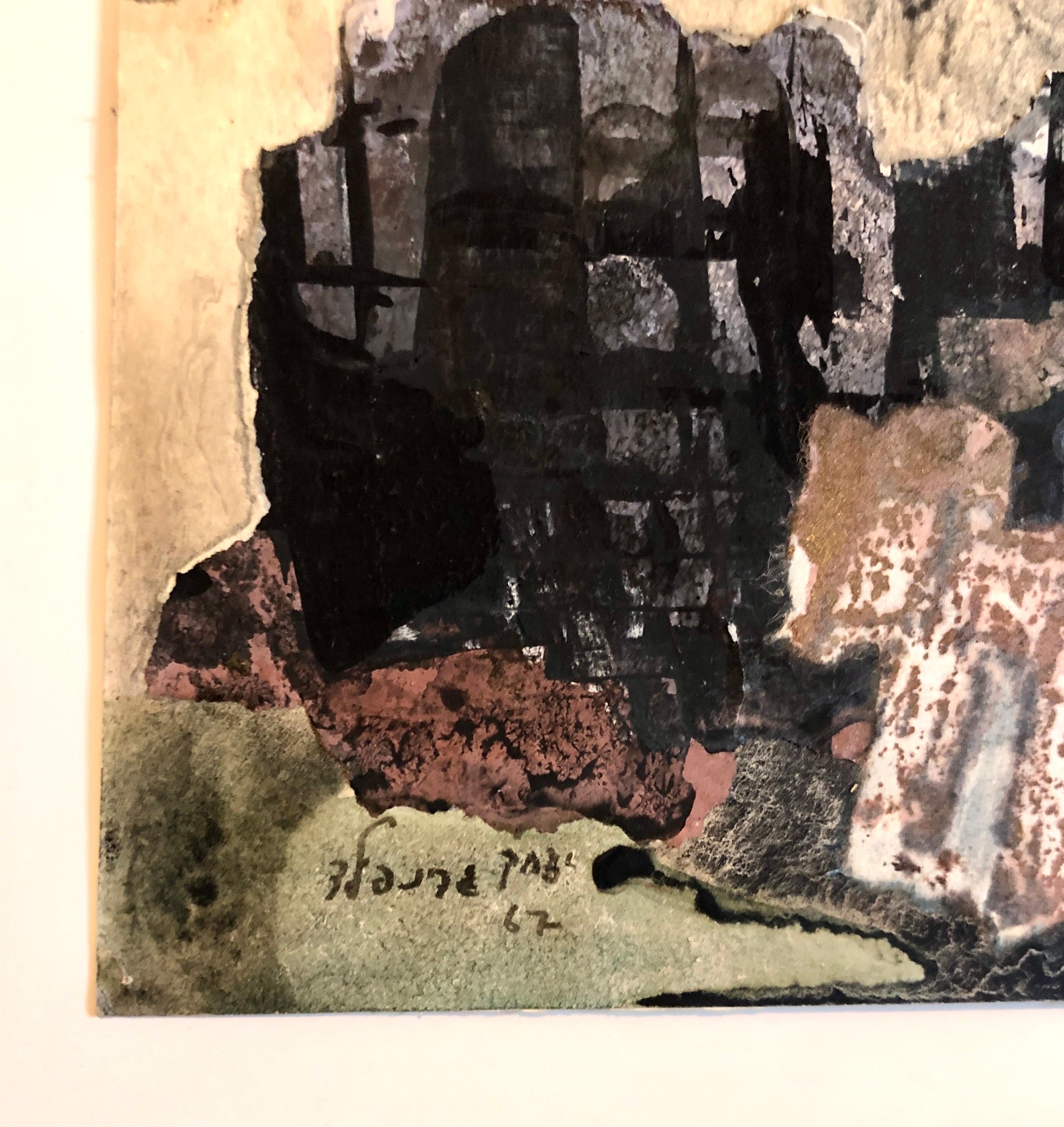 Kibboutz abstrait Jérusalem paysage nocturne israélien Tempera Collage Peinture Judaïque - Painting de Yitzhak Greenfield