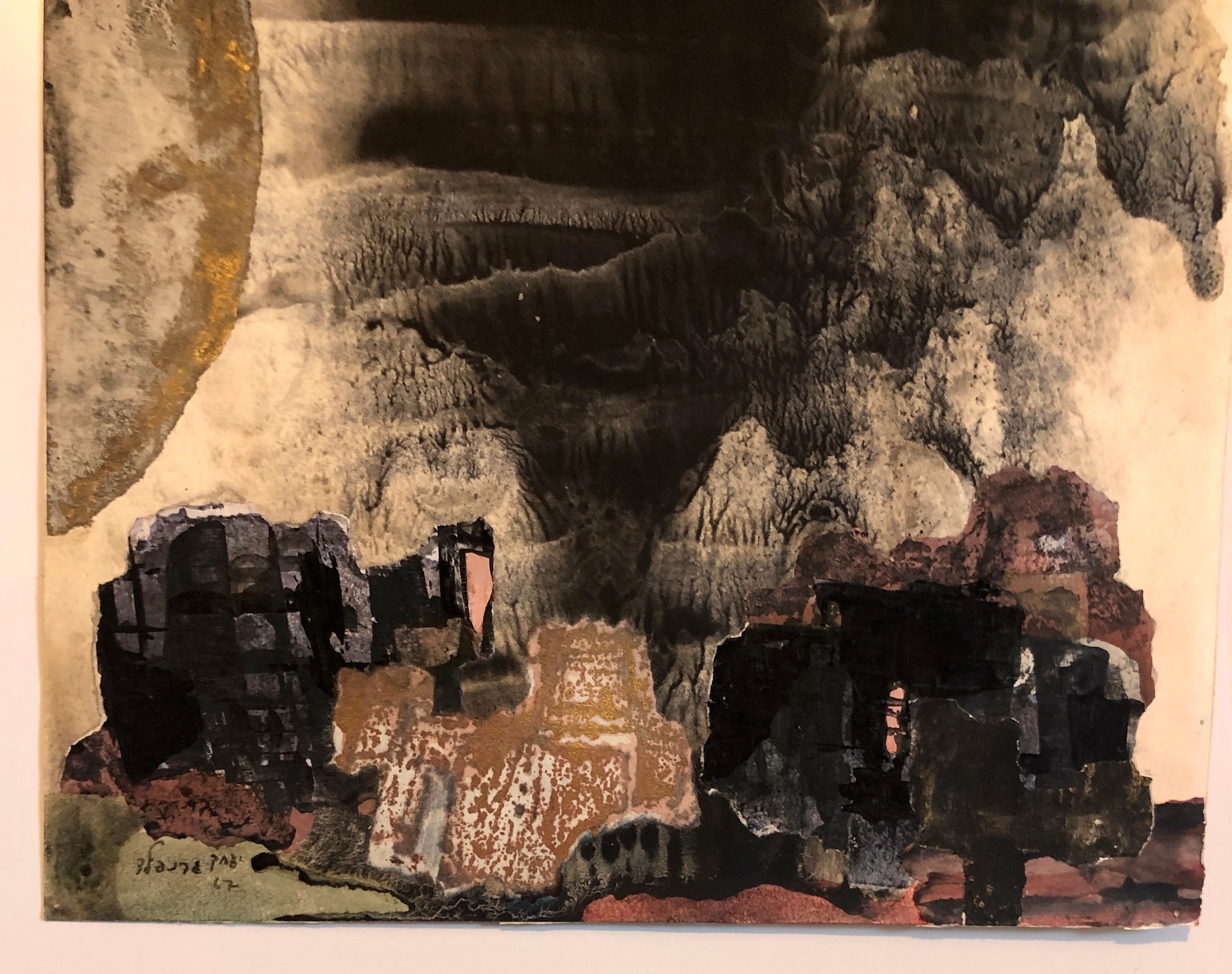Kibboutz abstrait Jérusalem paysage nocturne israélien Tempera Collage Peinture Judaïque - Expressionnisme abstrait Painting par Yitzhak Greenfield