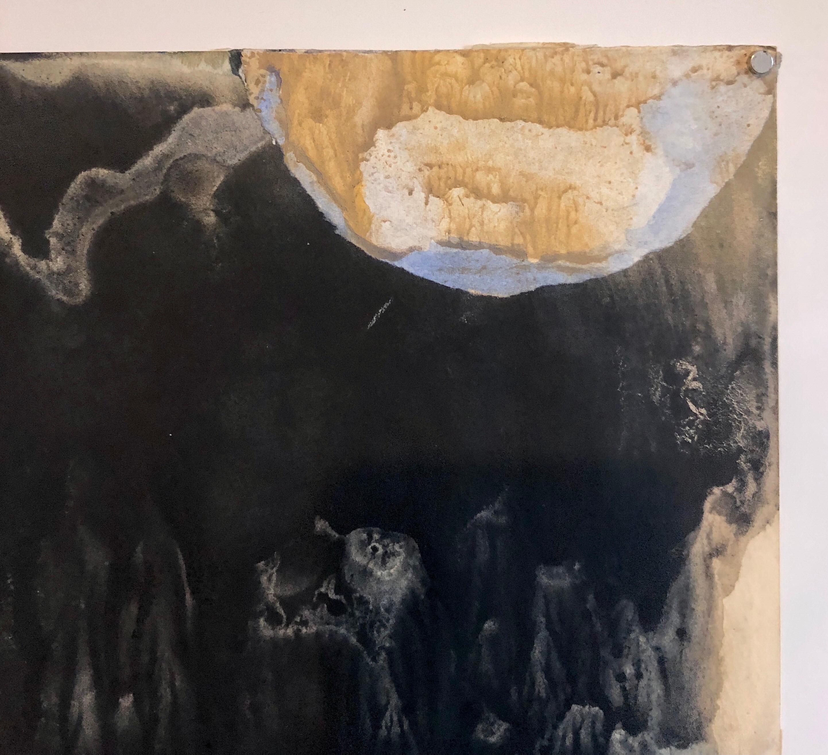Kibboutz abstrait Jérusalem paysage nocturne israélien Tempera Collage Peinture Judaïque - Noir Abstract Painting par Yitzhak Greenfield