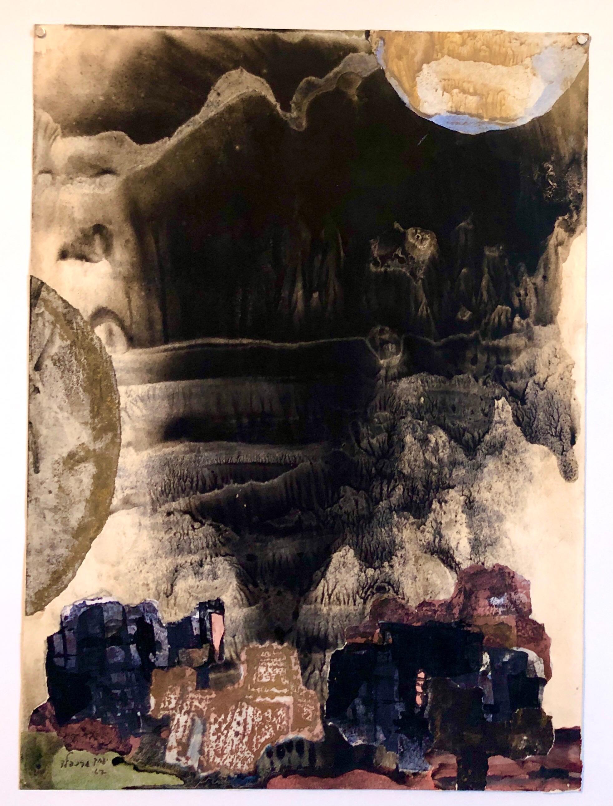 Kibboutz abstrait Jérusalem paysage nocturne israélien Tempera Collage Peinture Judaïque en vente 3