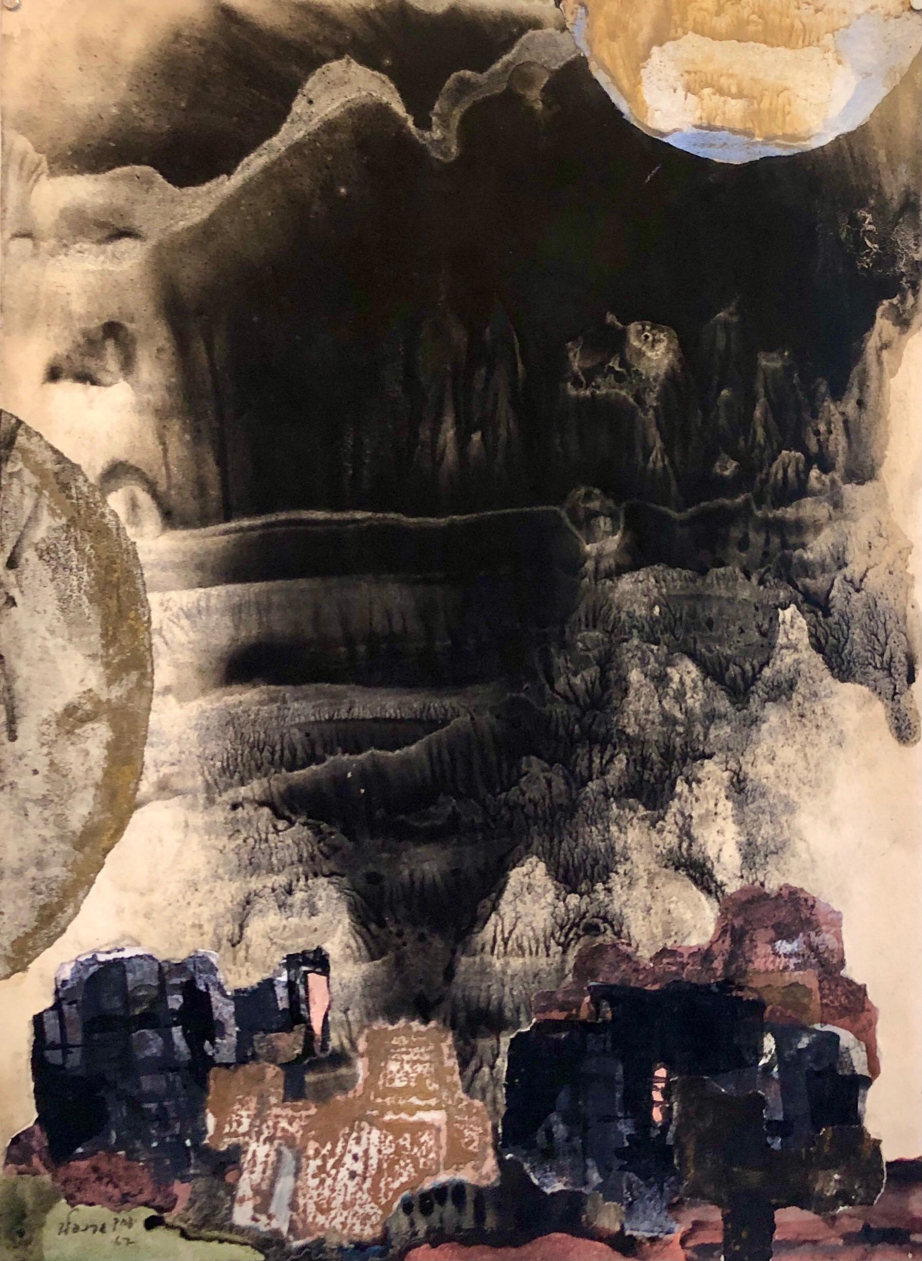 Kibutz Abstracto Jerusalén Paisaje Nocturno Pintura al Temple Collage Israelí Judaica