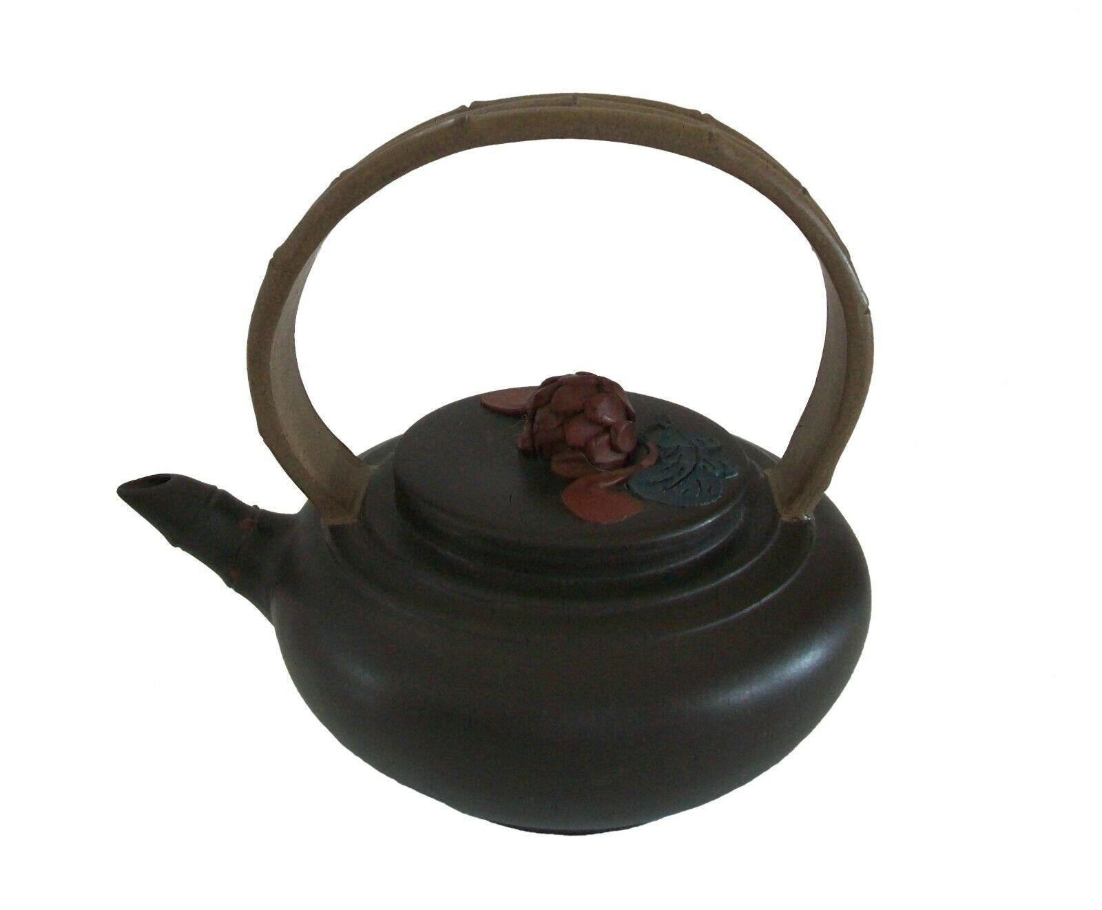 Chinese Export Yixing Zisha Teapot, Bamboo Handle & Flower Finial, Signed, China, 20th C For Sale