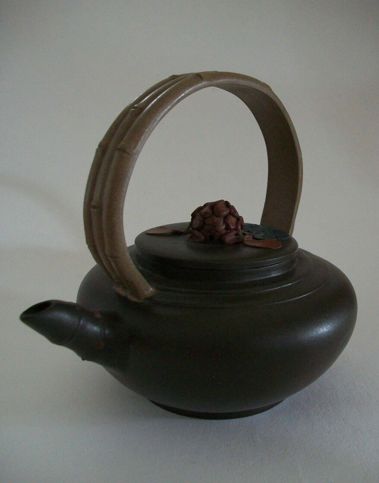 Chinese Yixing Zisha Teapot, Bamboo Handle & Flower Finial, Signed, China, 20th C For Sale