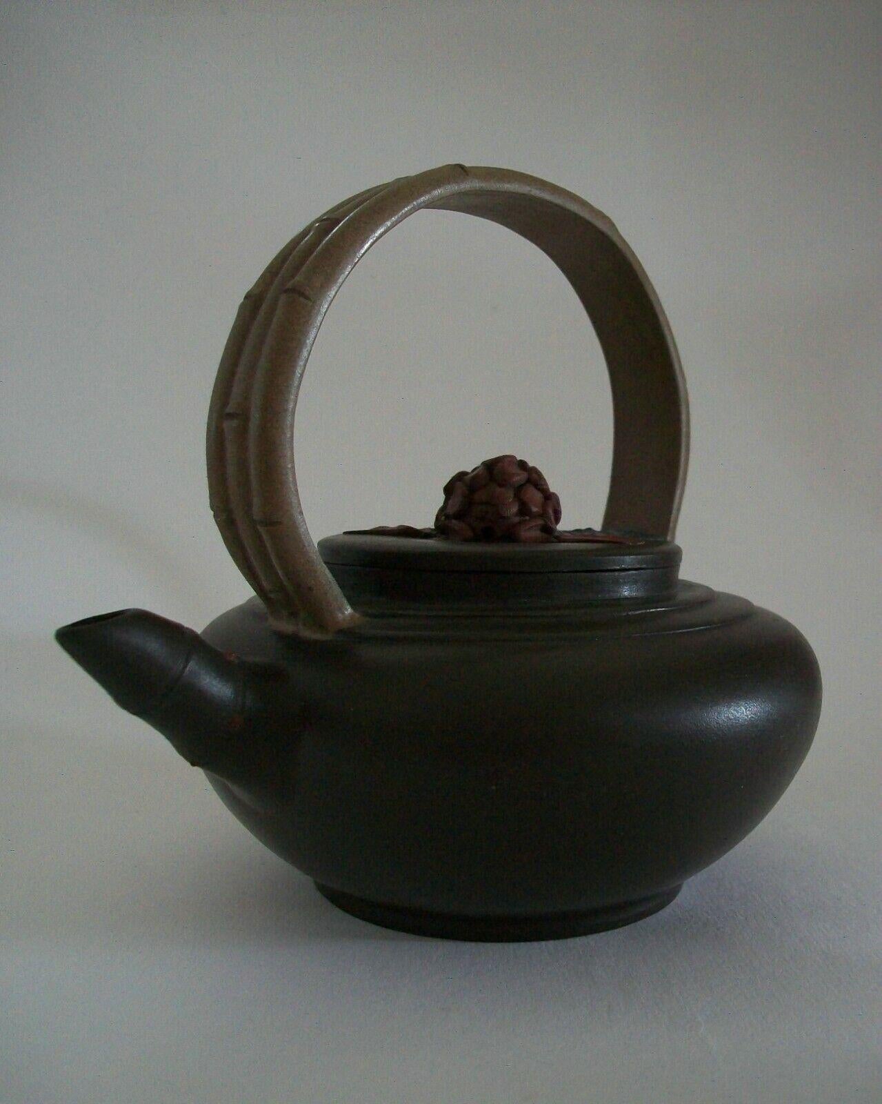 Glazed Yixing Zisha Teapot, Bamboo Handle & Flower Finial, Signed, China, 20th C For Sale