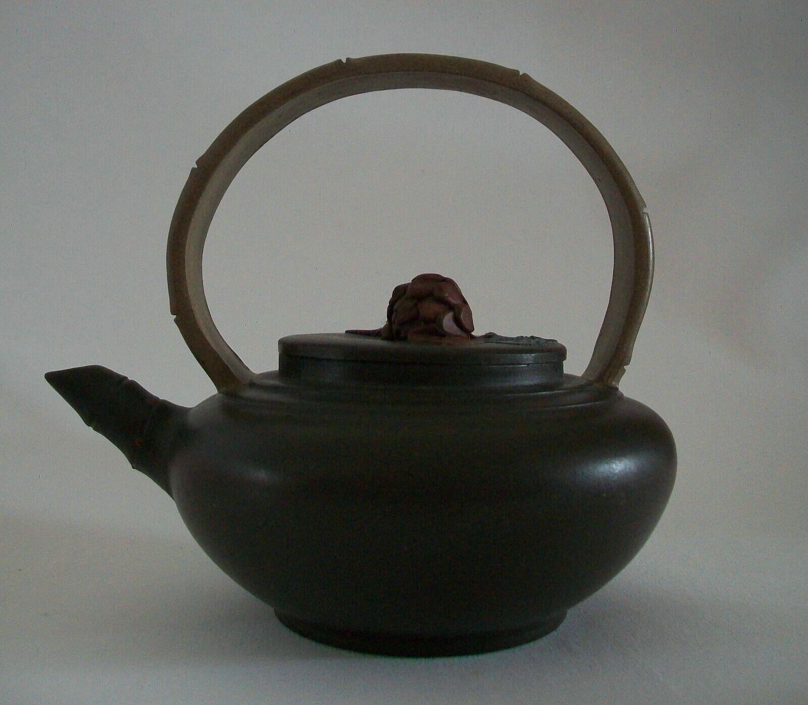 20th Century Yixing Zisha Teapot, Bamboo Handle & Flower Finial, Signed, China, 20th C For Sale