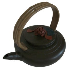 Yixing Zisha Teapot, Bamboo Handle & Flower Finial, Signed, China, 20th C