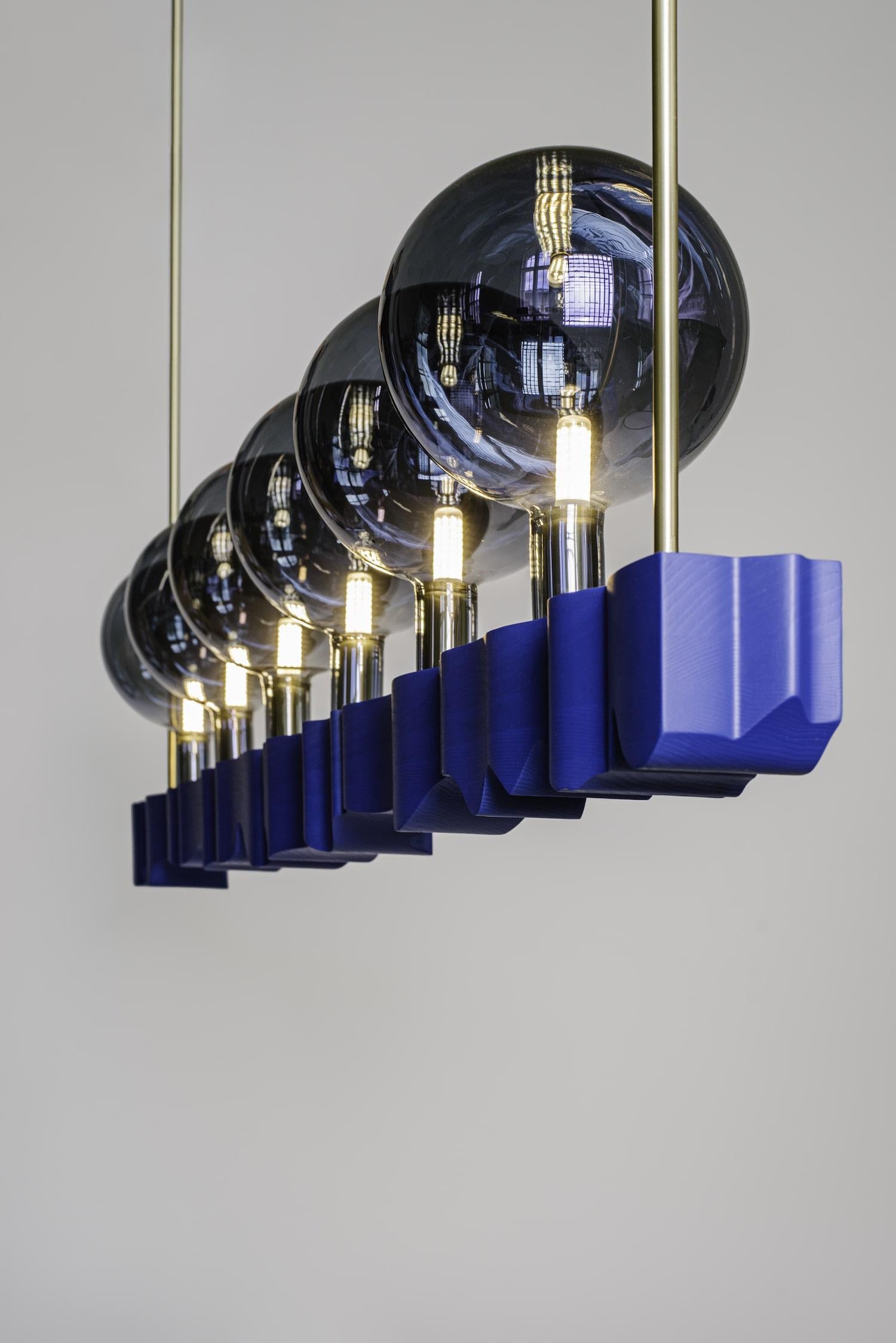 Brushed YKB Monumental luminaire - made of solid wood, brass and metal coated glass. For Sale