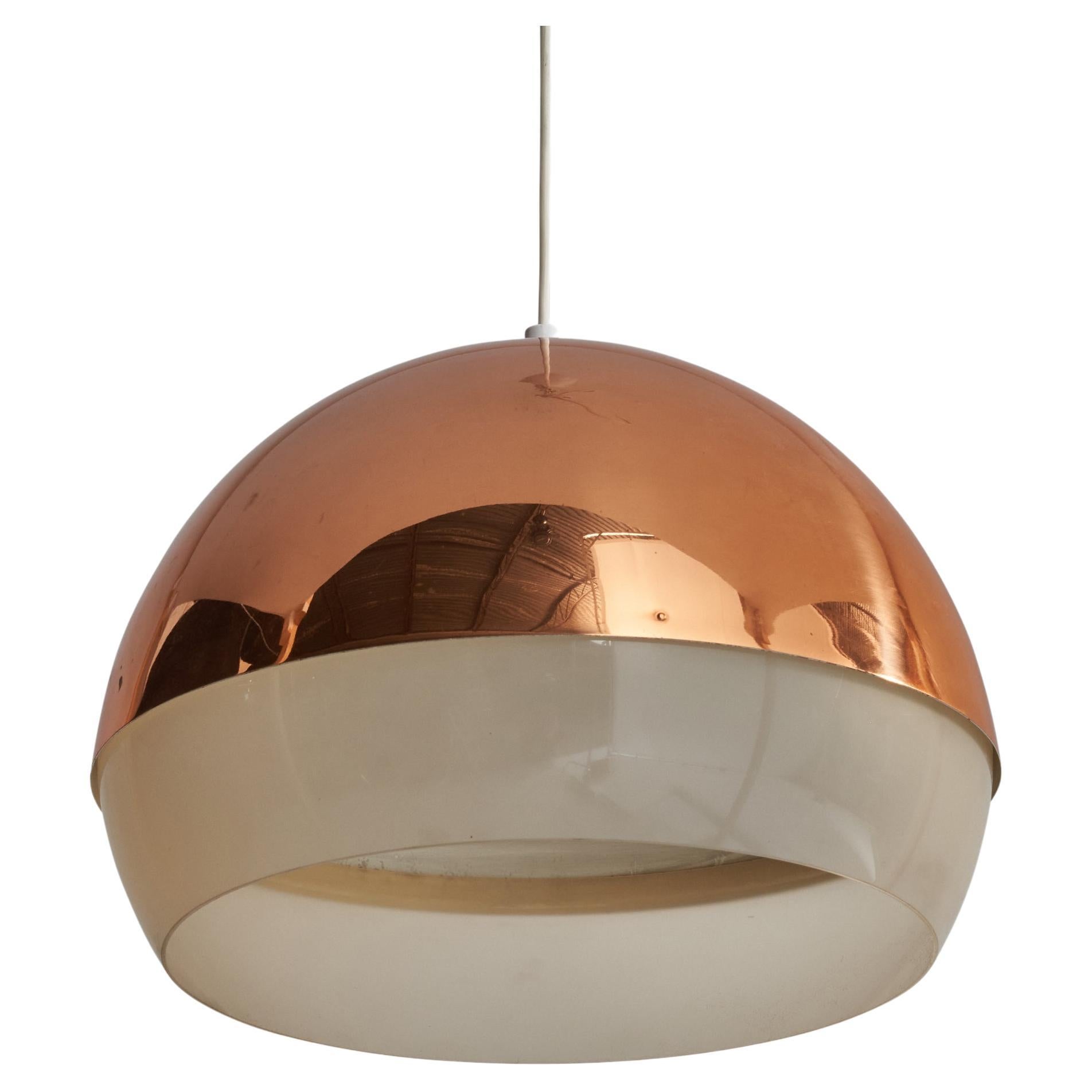 Yki Nummi, Pendant Light, Acrylic, Copper, Finland, 1960s