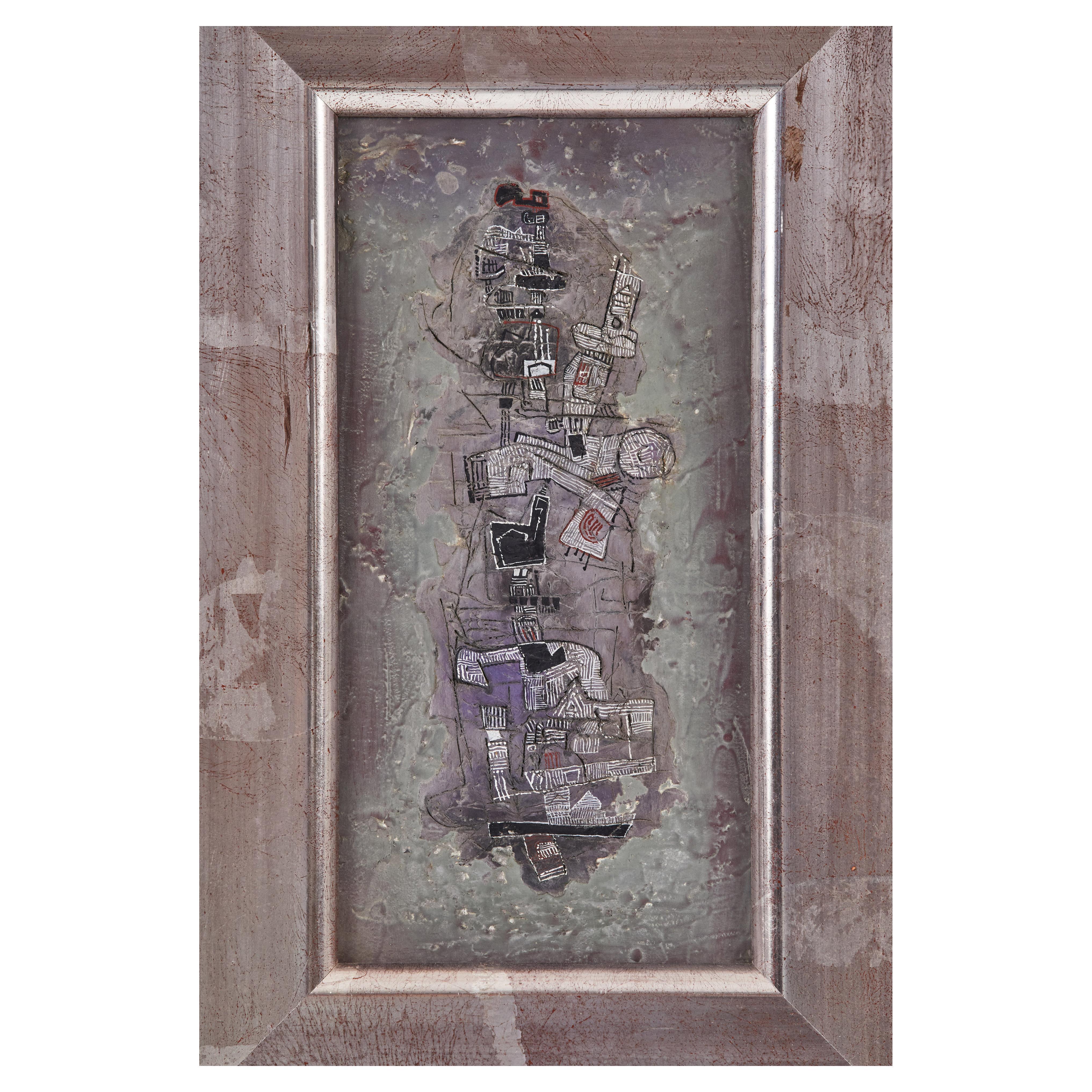 Cette œuvre unique aux techniques mixtes est l'œuvre de Ynez Johnston. Au milieu d'une palette de gris, de verts et de bleus, Johnston a créé cette pièce de manière complexe avec différentes textures, dessins et gravures. Utilisant du mastic de