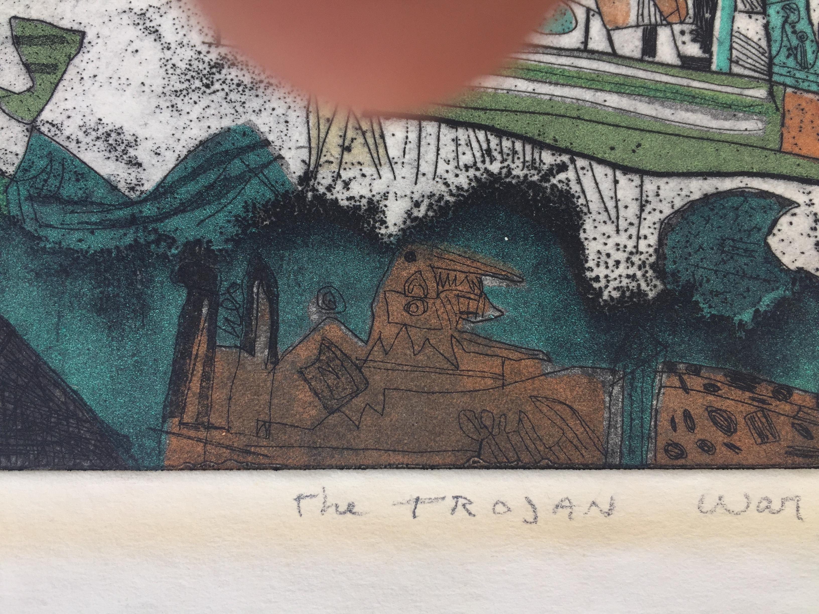 YNEZ JOHNSTON (b. 1920 - )

          THE TROJAN WAR  c. 1954
          Color etching, Signed, titled and numbered 15/35 in pencil.  12 1/2 x 17 3/4, sheet 17 3/4  x 22 1/2 
          inches. Ring of mat burn around the image in the margins, slight