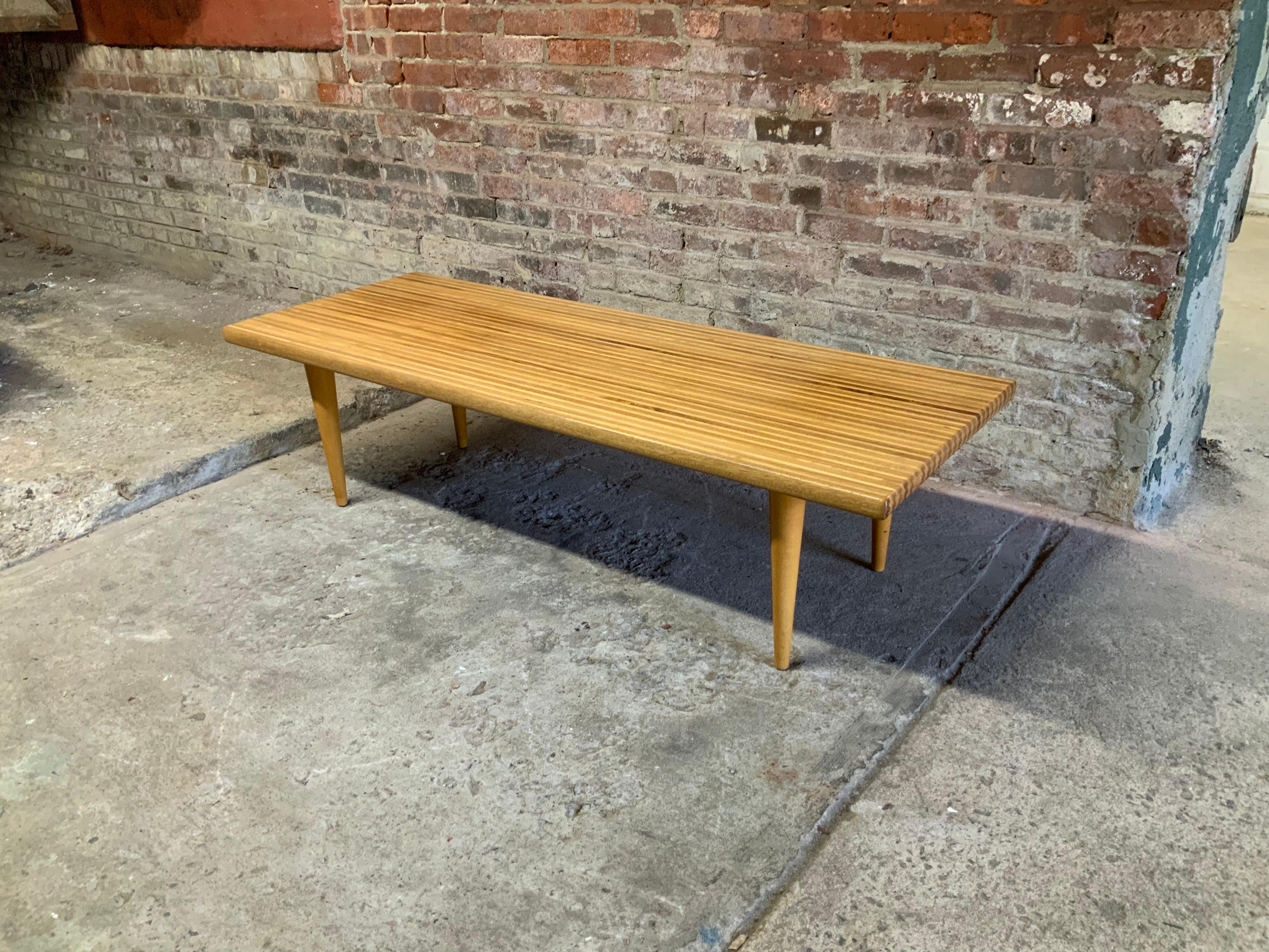 Yngvar Sandstrom for Nordiska Kompaniet butcher block coffee table stunning crafted coffee table. Made in Sweden, circa 1955. Crafted with alternating teak and beech (possibly maple) wood strips with tongue and groove joinery that adds to the simple