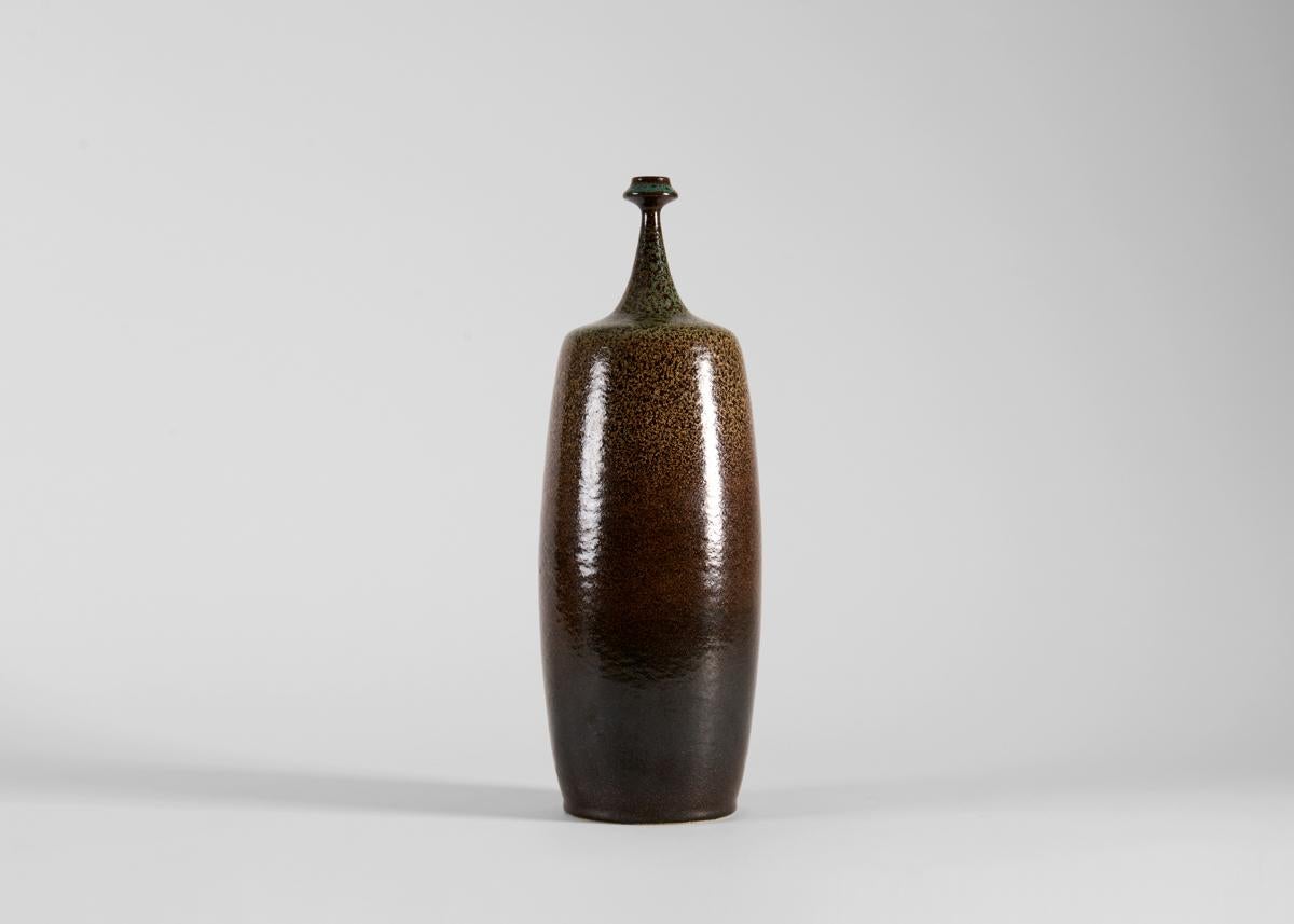 Glazed Yngve Blixt, Long-Necked Vase with Blue and Yellow Speckled Glaze, Sweden, 1975 For Sale