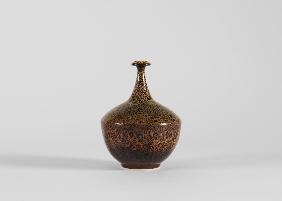 Glazed Yngve Blixt, Long-necked Vase with Copper Speckled Glaze, Sweden, 1970s For Sale