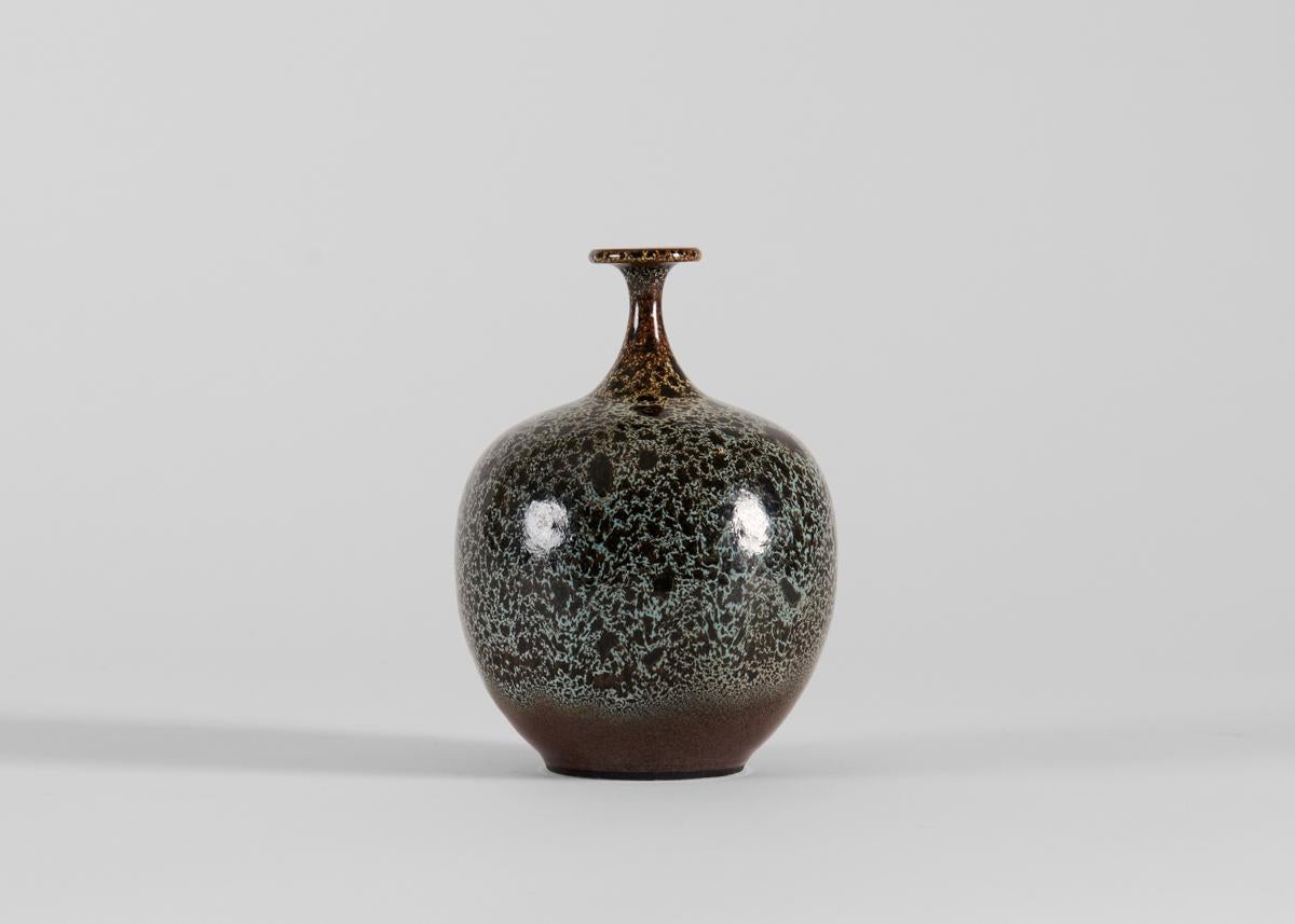 Glazed Yngve Blixt, Long-Necked Vase with Green Speckled Glaze, Sweden, 1974