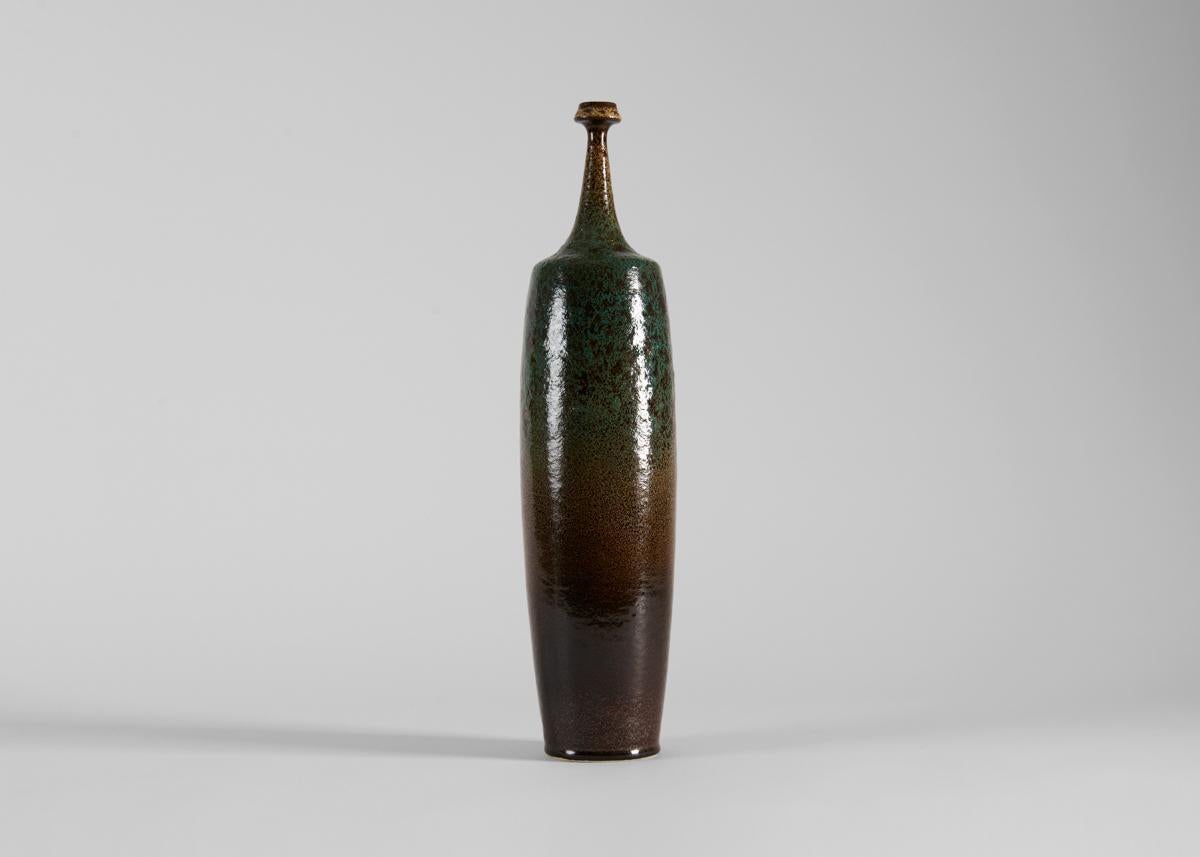 Glazed Yngve Blixt, Tall Vase with Blue and Yellow Speckled Glaze, Sweden, 1974 For Sale