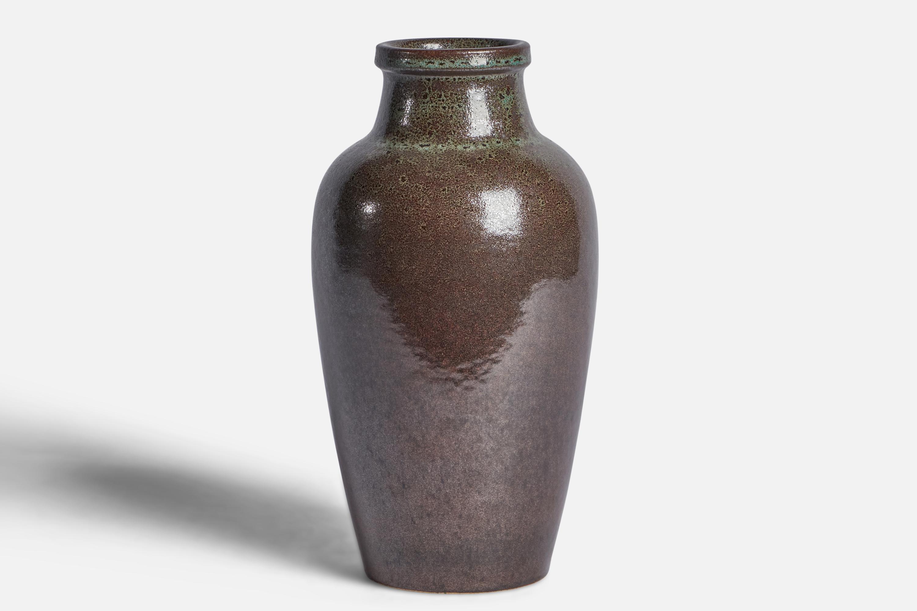 A grey brown-glazed stoneware vase designed and produced by Yngve Blixt, Höganäs, Sweden, c. 1960s.