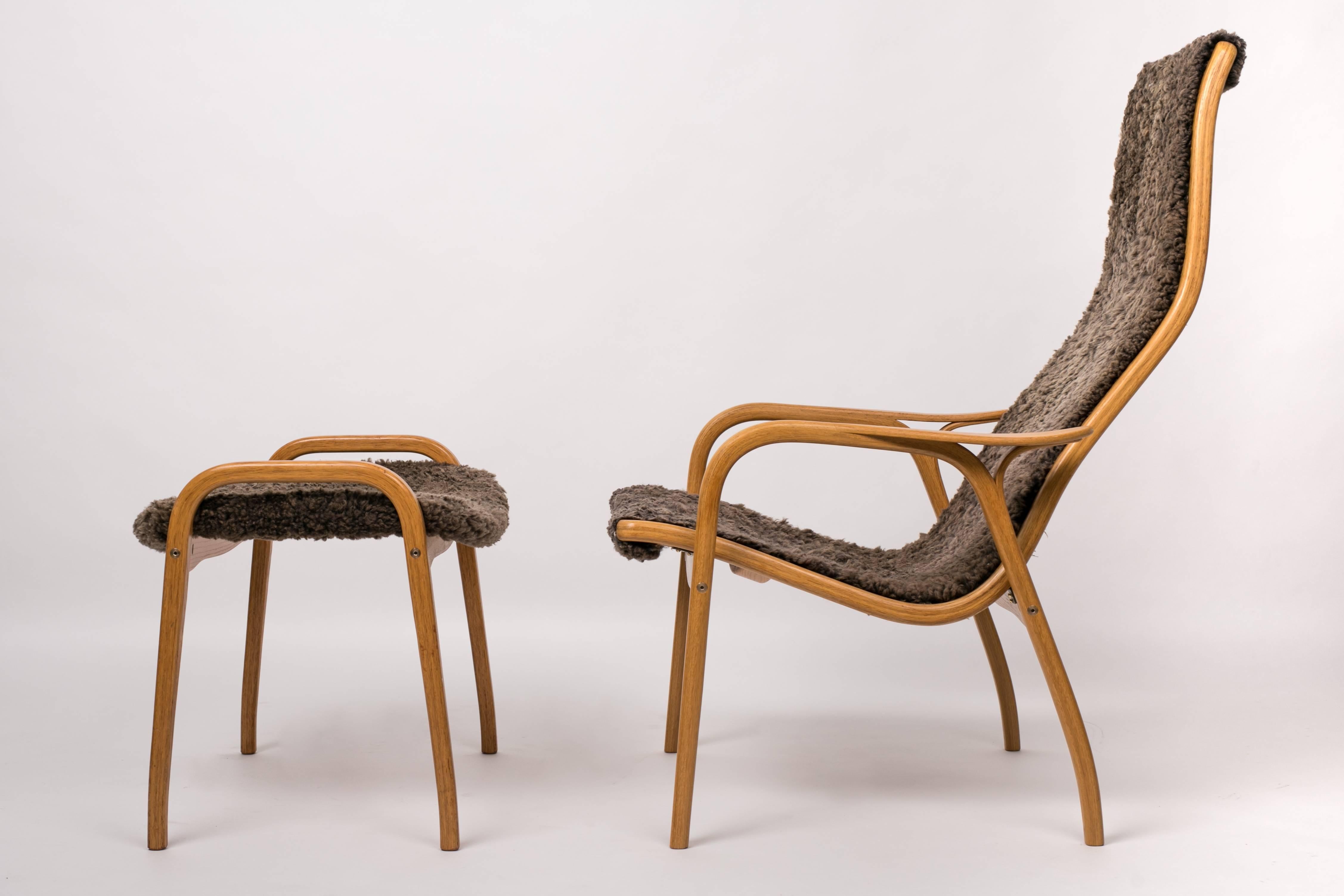 Scandinavian Modern Yngve Ekström Lamino Chair and Ottoman with Sheepskin Upholstery