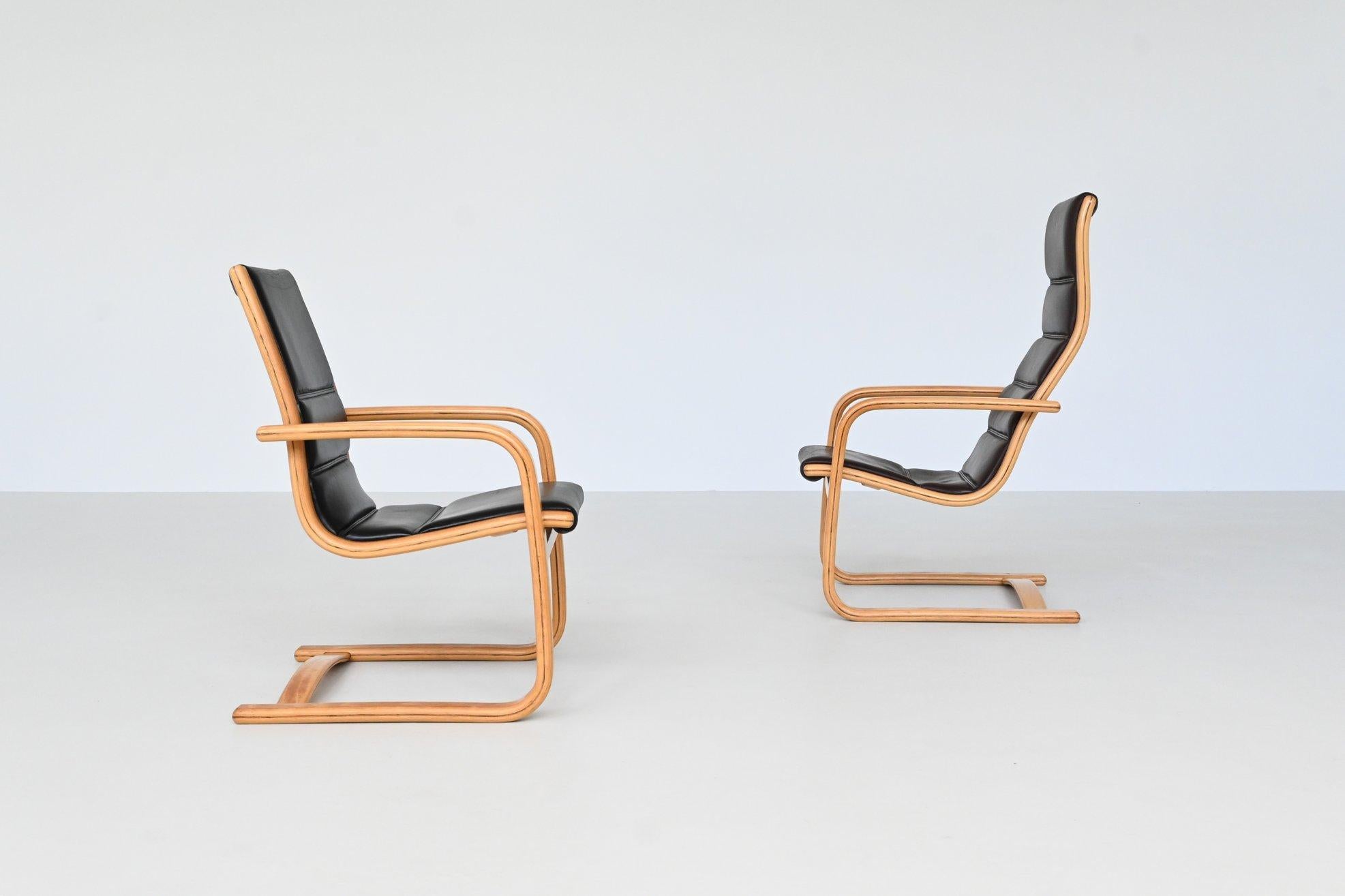 Scandinavian Modern Yngve Ekstrom Lamello lounge chairs in leather Swedese Sweden 1960