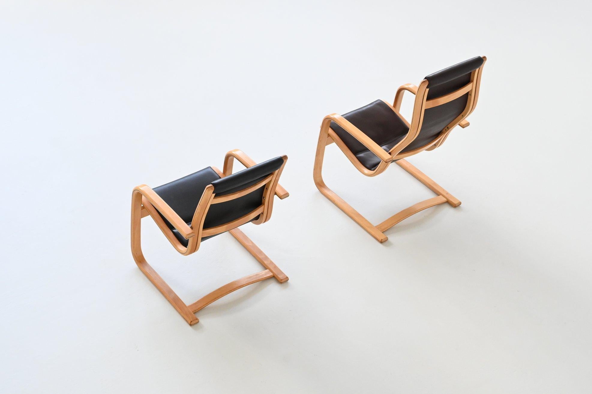 Mid-20th Century Yngve Ekstrom Lamello lounge chairs in leather Swedese Sweden 1960