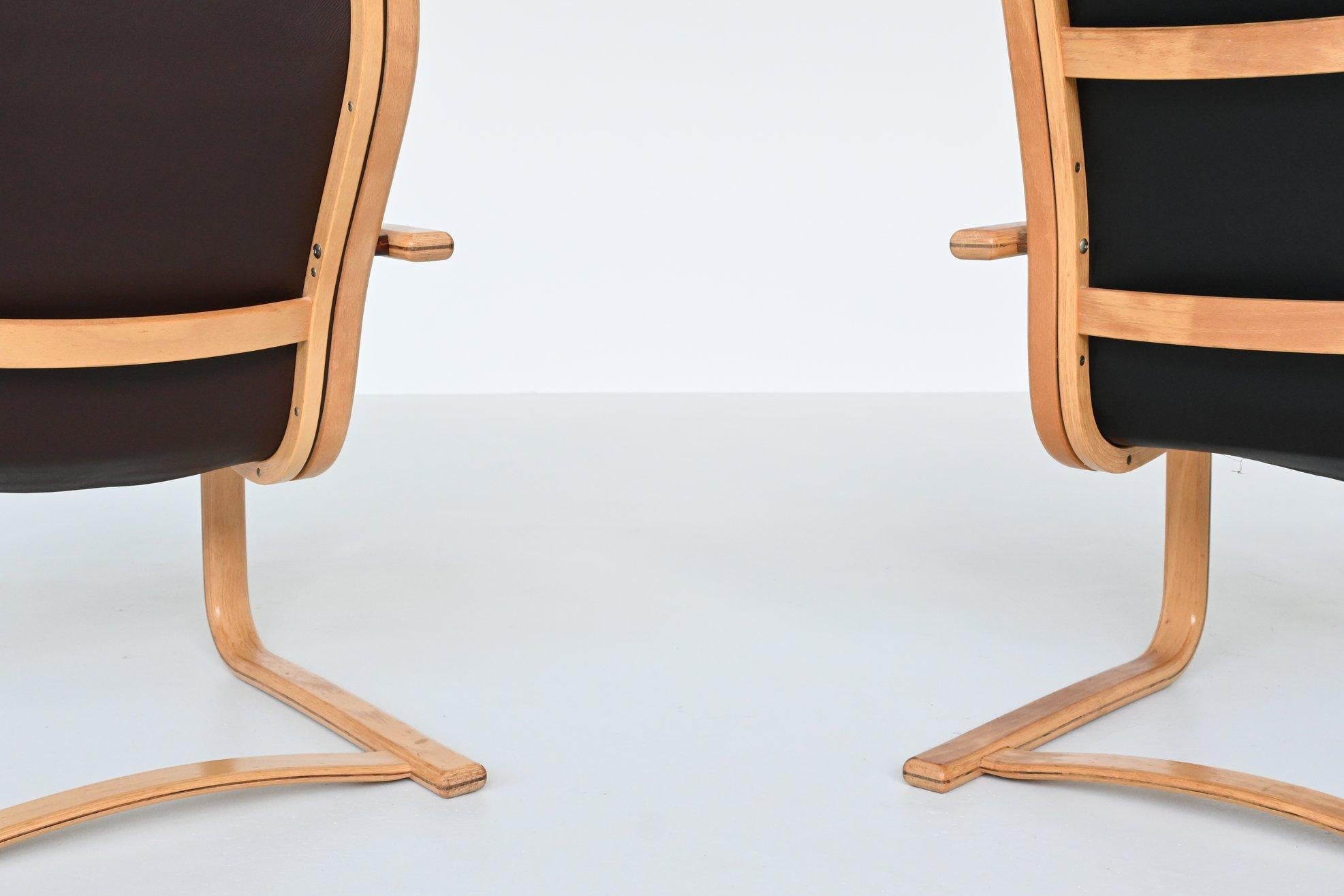 Yngve Ekstrom Lamello lounge chairs in leather Swedese Sweden 1960 1