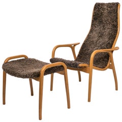 Yngve Ekström Lamino Chair and Ottoman with Sheepskin Upholstery