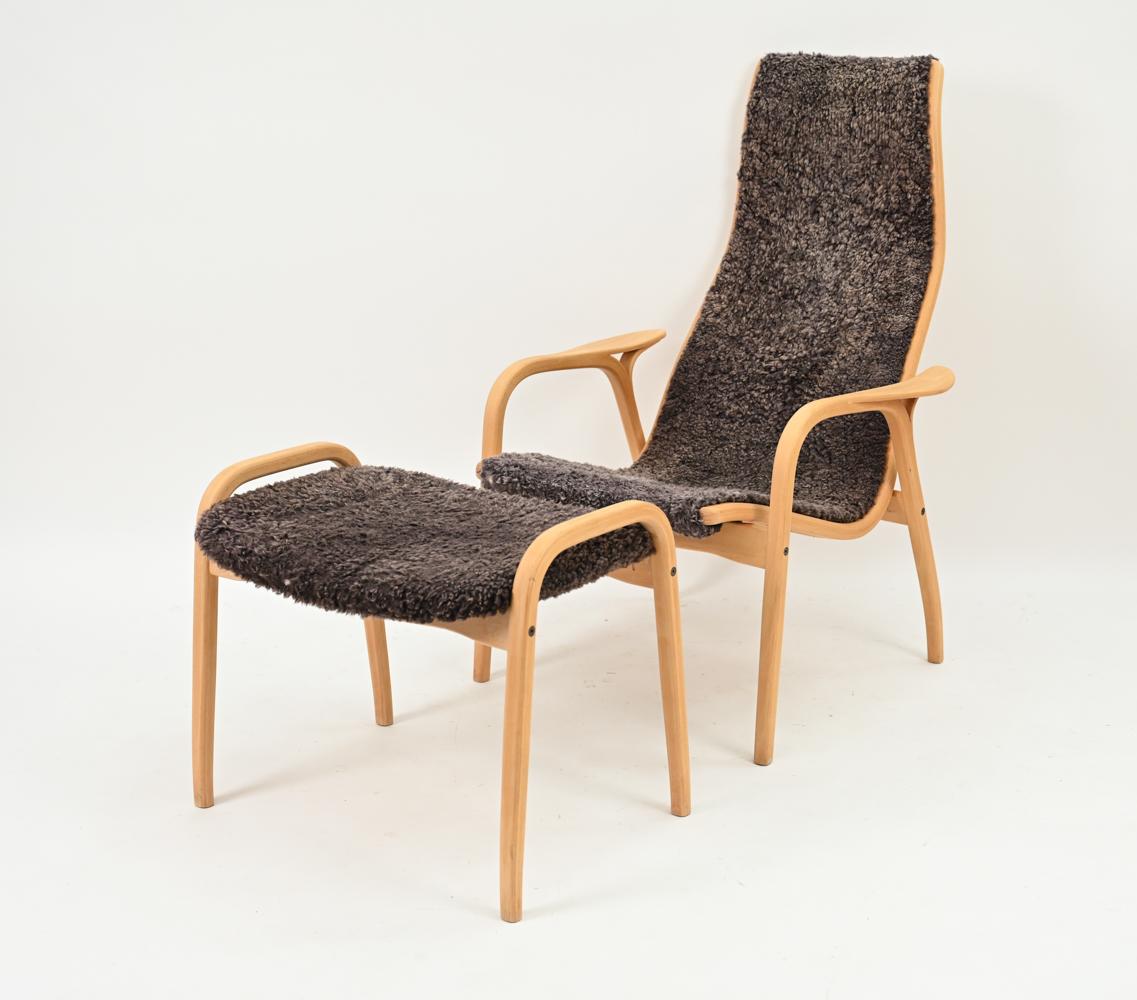 Scandinavian Modern Yngve Ekstrom Lamino Lounge Chair & Ottoman in Sheepskin