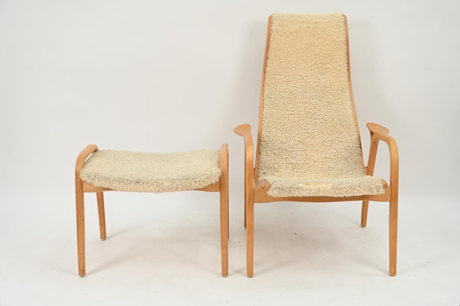 Swedish Yngve Ekstrom Lamino Lounge Chair & Ottoman in Sheepskin