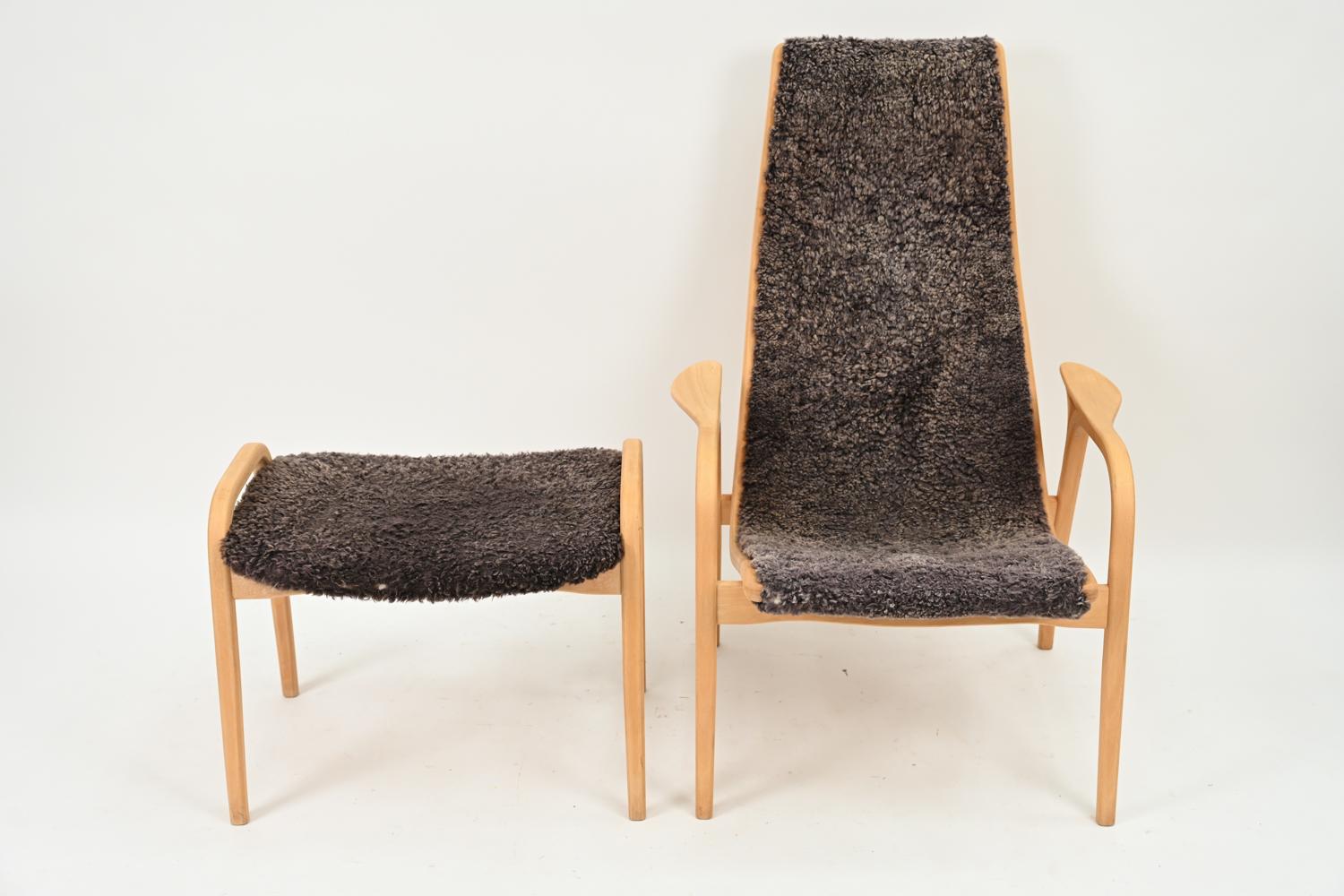 20th Century Yngve Ekstrom Lamino Lounge Chair & Ottoman in Sheepskin