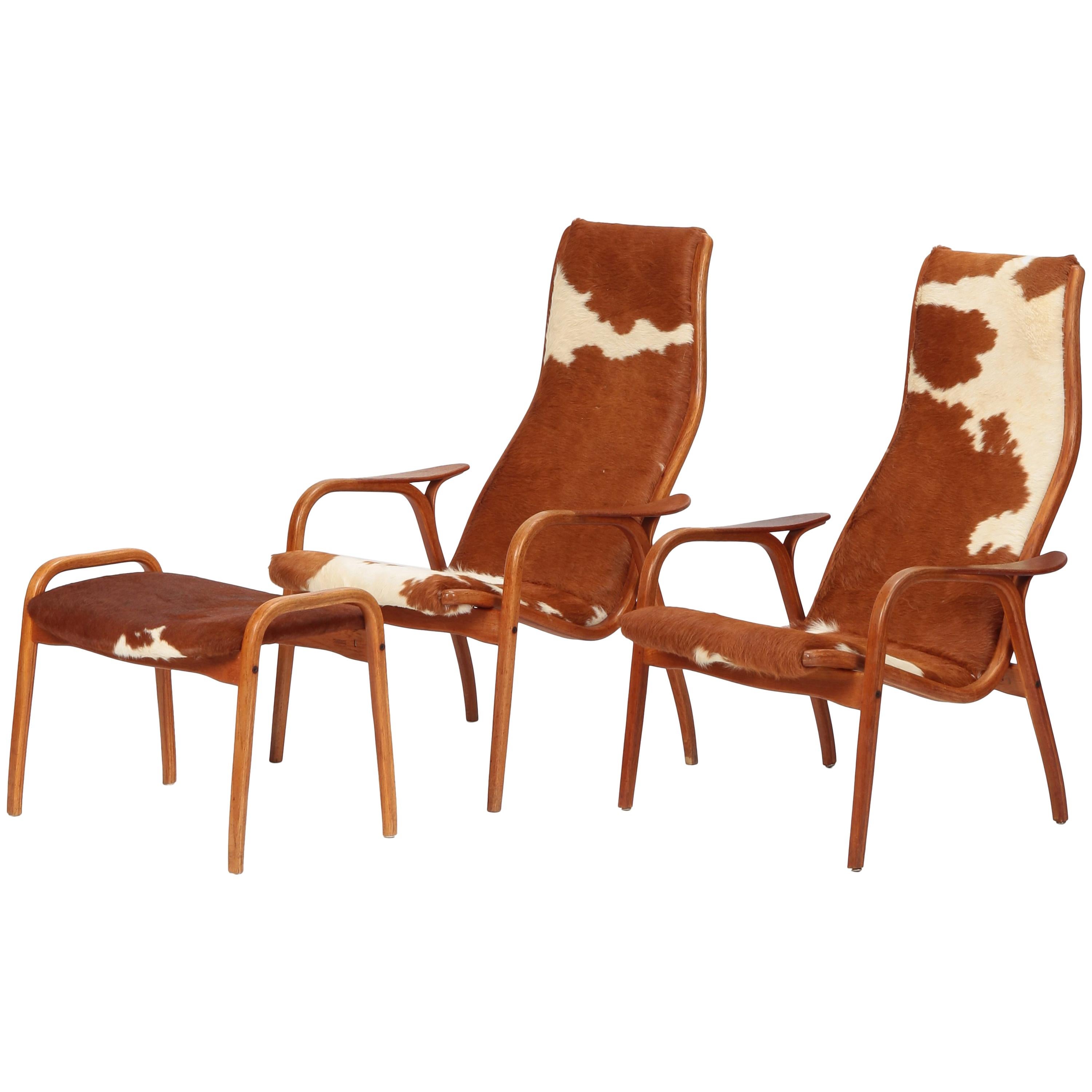 Yngve Ekström “Lamino” Lounge Chairs and Ottoman, Swedese, 1950s For Sale