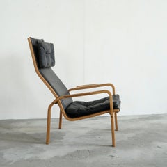 Yngve Ekström Lounge Chair in Solid Birch and Black Leather for Swedese 1970s