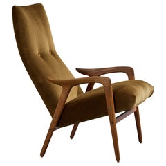 Yngve Ekström, Loungesessel, Eiche, Samt, Schweden, 1960er Jahre