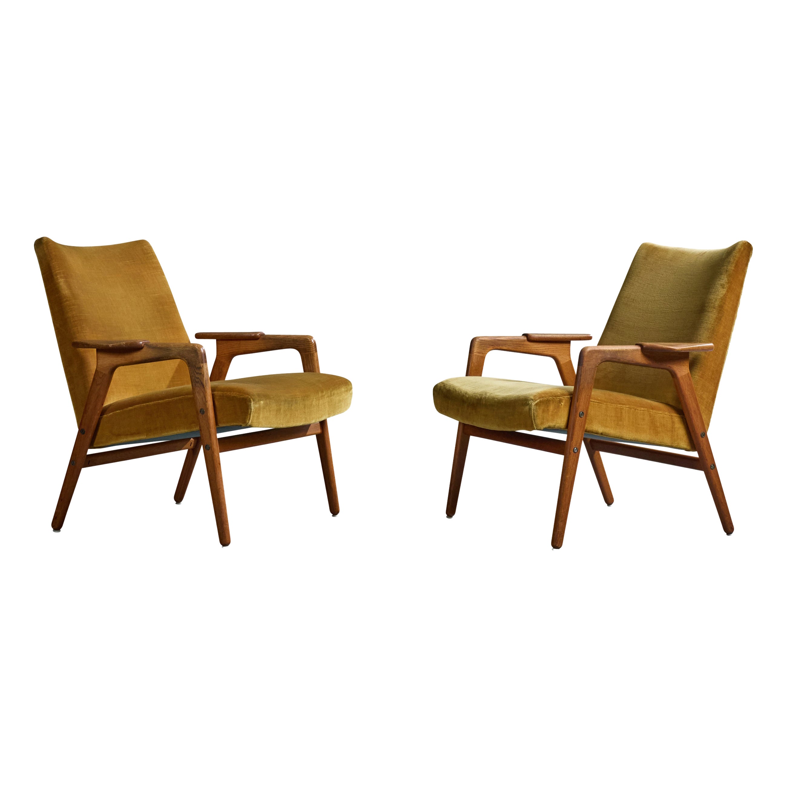 Yngve Ekström, Lounge Chairs, Teak, Velvet, Sweden, 1960s