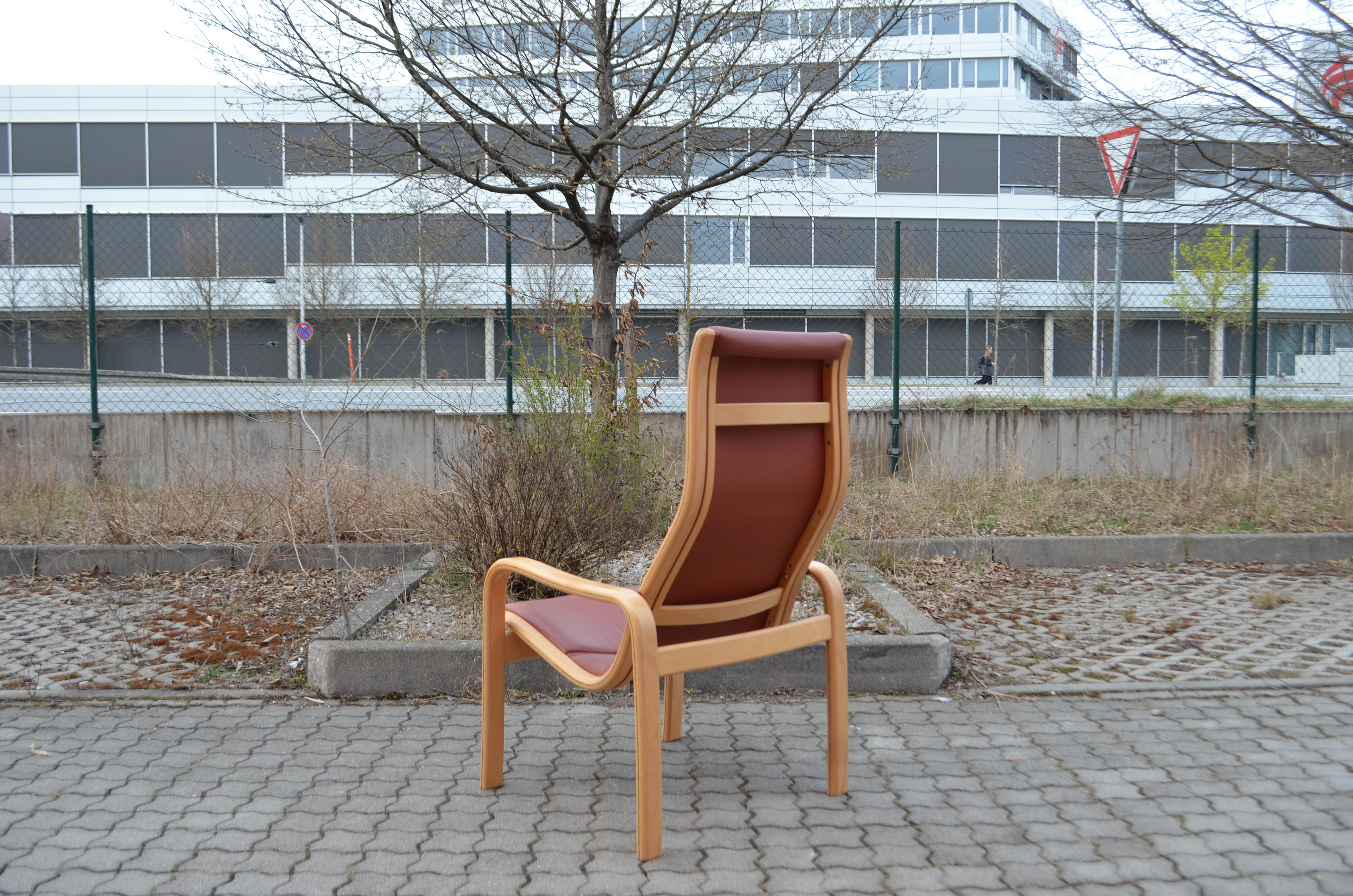 Yngve Ekström Modell Melano Swedese Ox Red Leather Highback Lounge Chair Beech For Sale 9