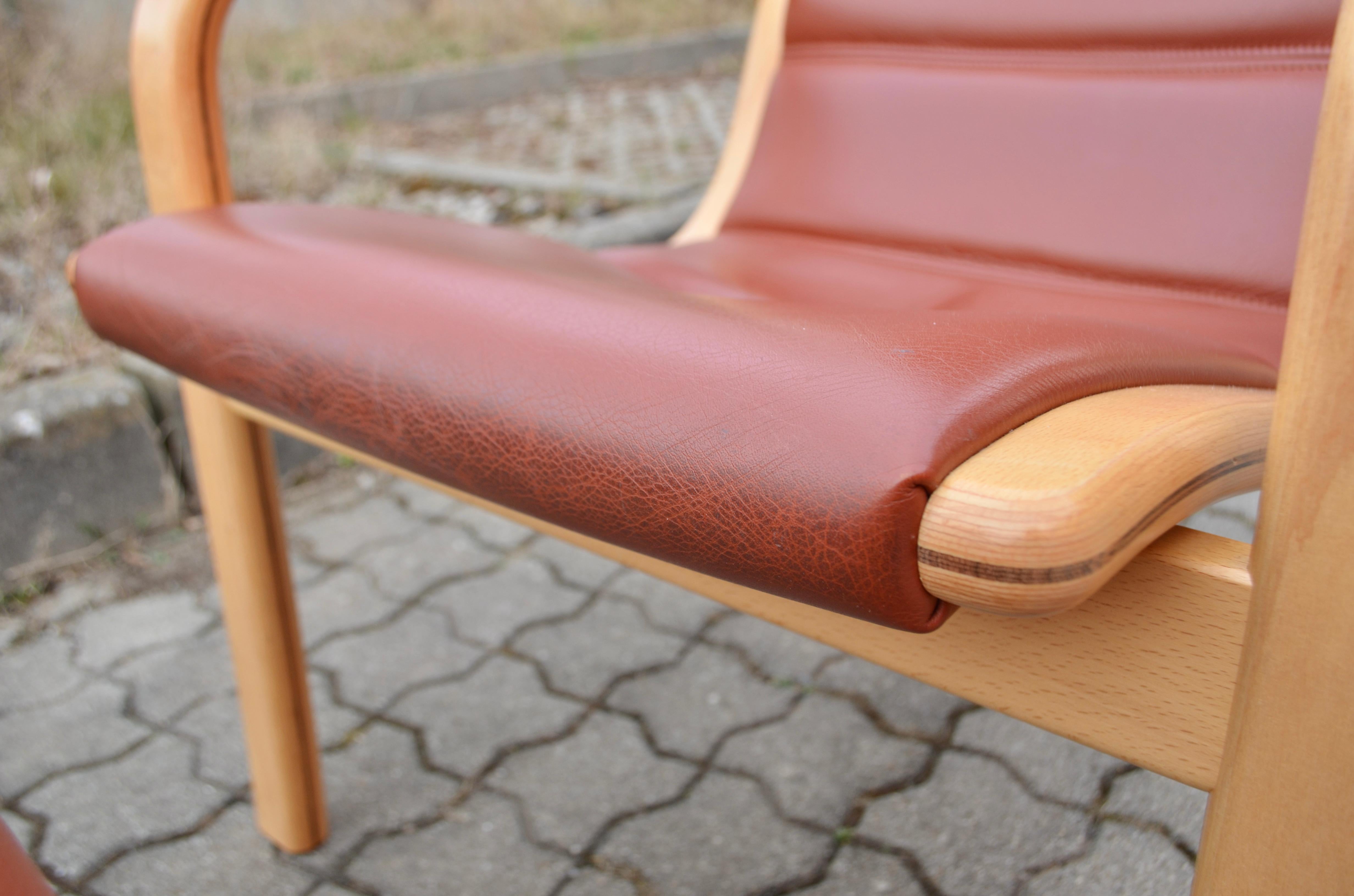 Yngve Ekström Modell Melano Swedese Ox Red Leather Highback Lounge Chair Beech For Sale 11