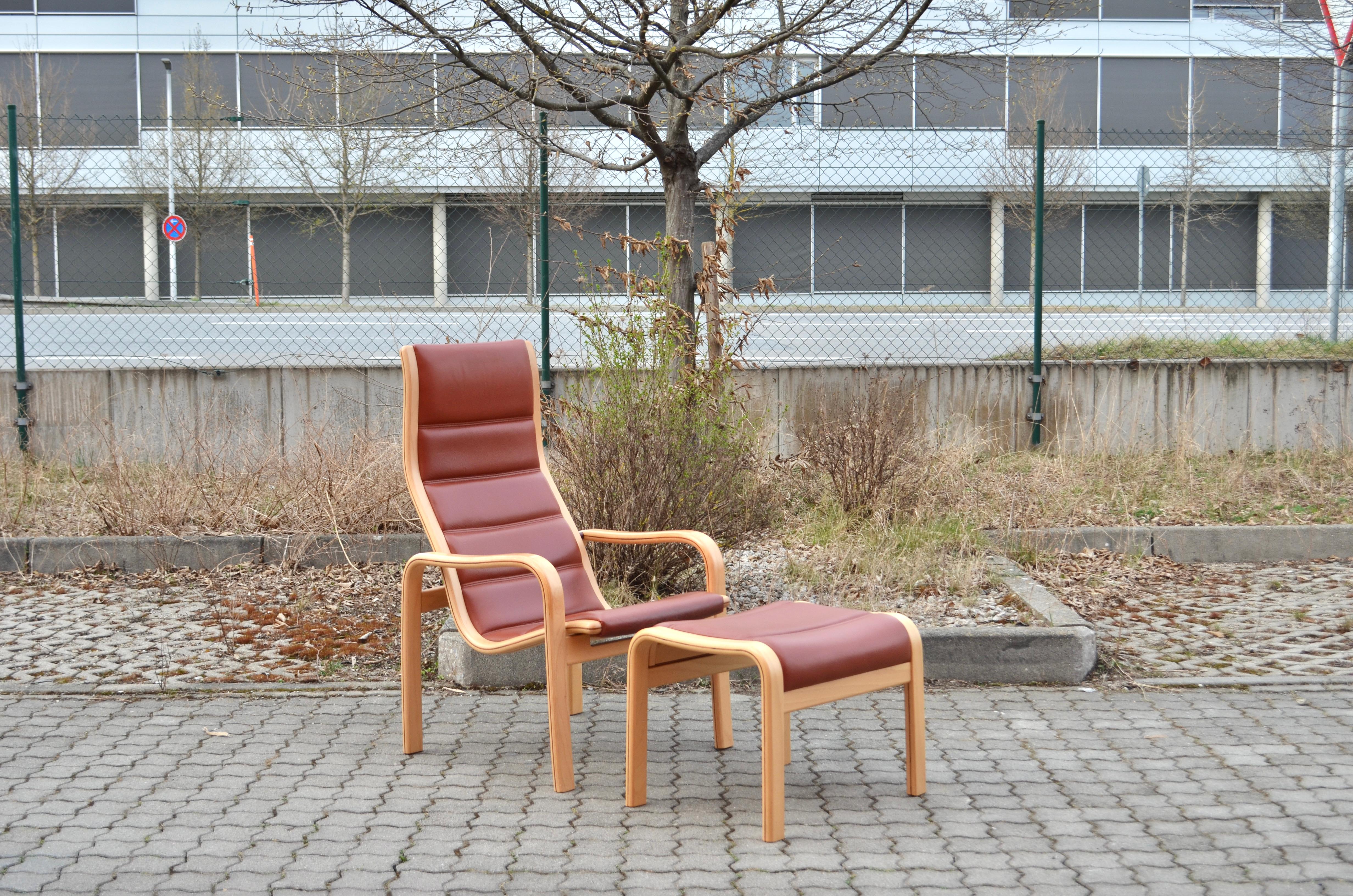 Yngve Ekström Modell Melano Swedese Ox Red Leather Highback Lounge Chair Beech For Sale 13