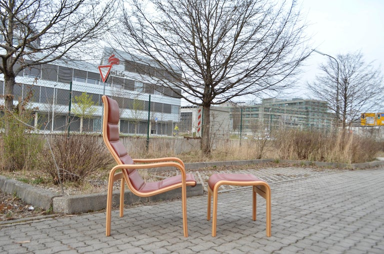Mid-Century Modern Yngve Ekström Modell Melano Swedese Ox Red Leather Highback Lounge Chair Beech For Sale