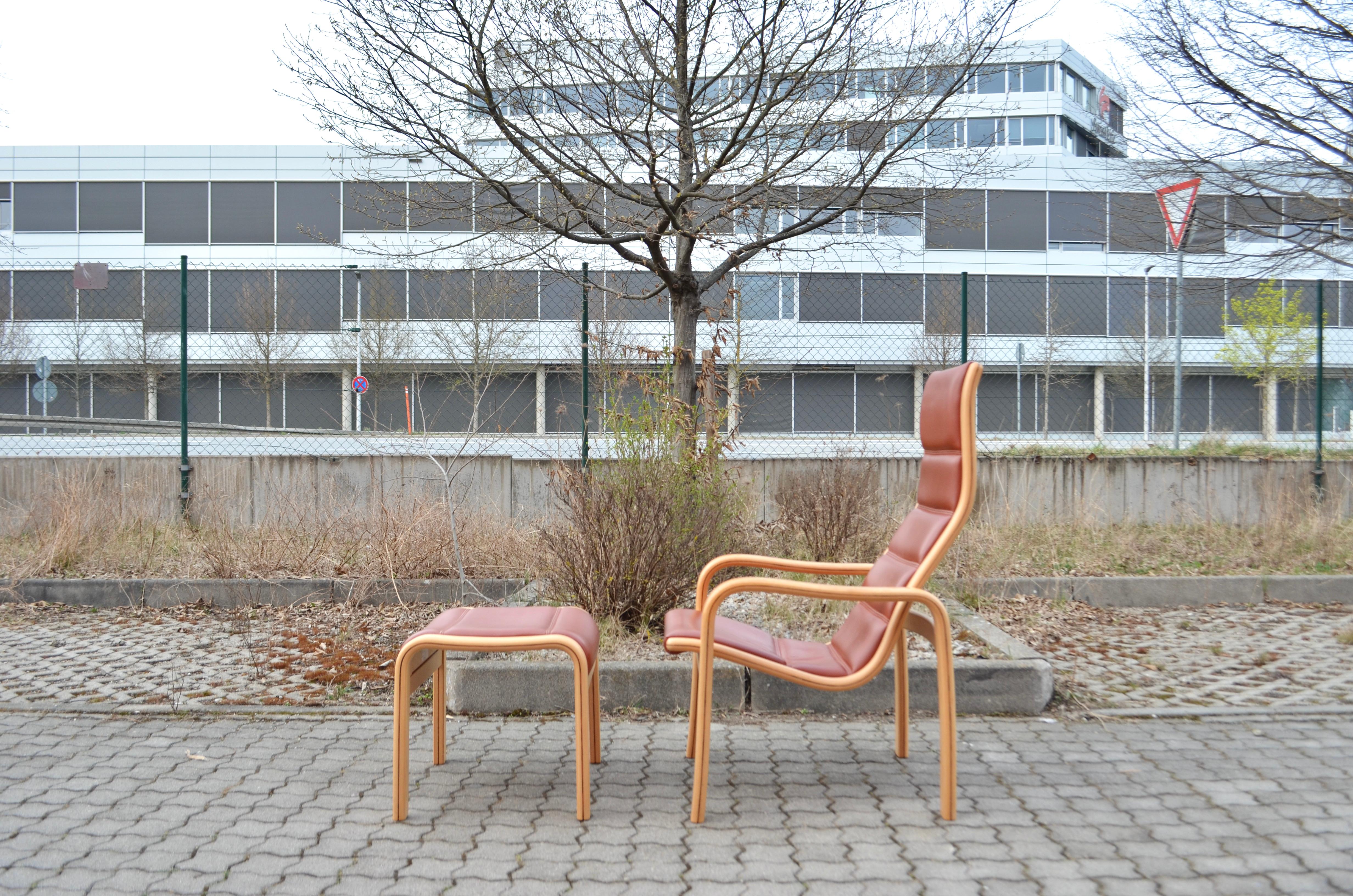 Mid-Century Modern Yngve Ekström Modell Melano Swedese Ox Red Leather Highback Lounge Chair Beech For Sale