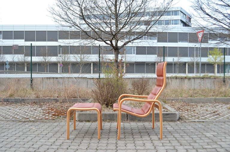 Swedish Yngve Ekström Modell Melano Swedese Ox Red Leather Highback Lounge Chair Beech For Sale